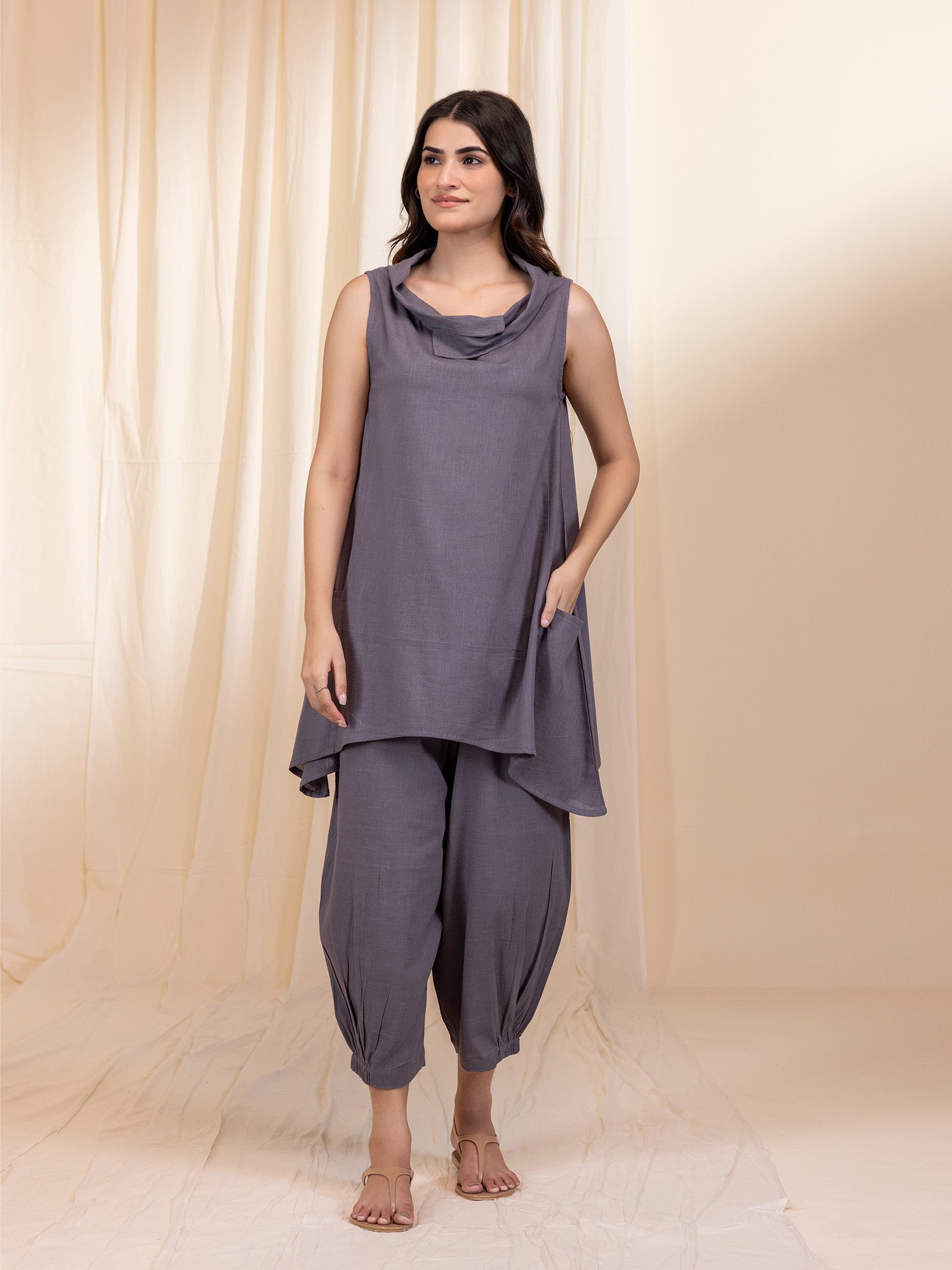 Cowl Grey Cotton Twin Set (Set Of 2 Pcs)
