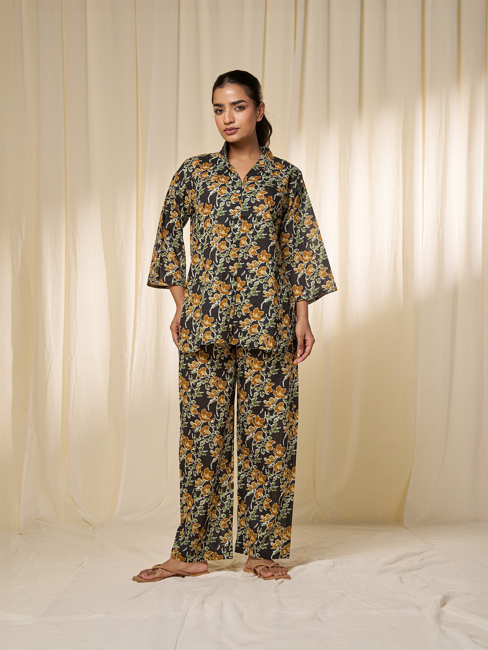 Midnight Blossom Collared Voile Night Suit
