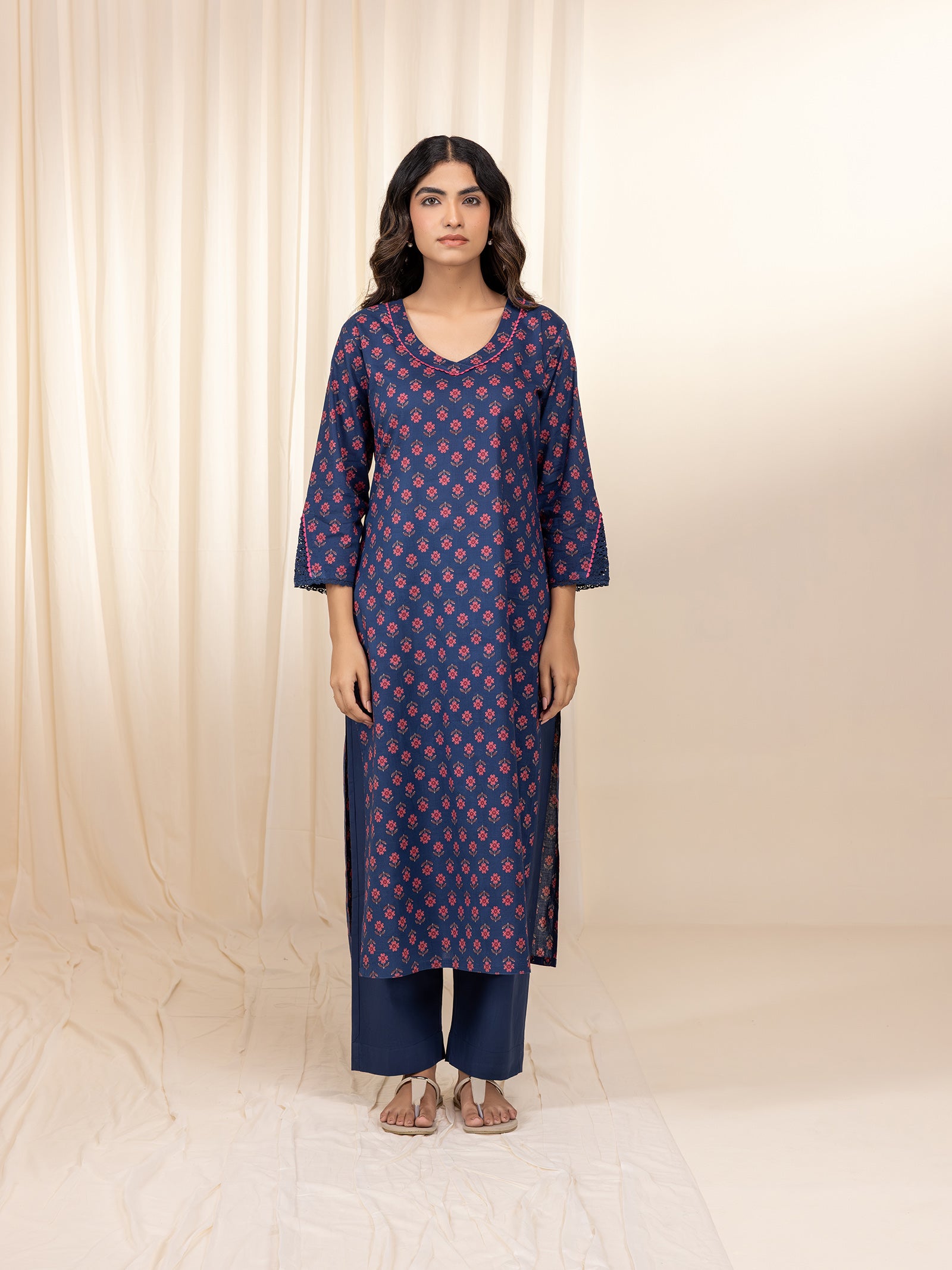 Pink Navy Cotton Kurta