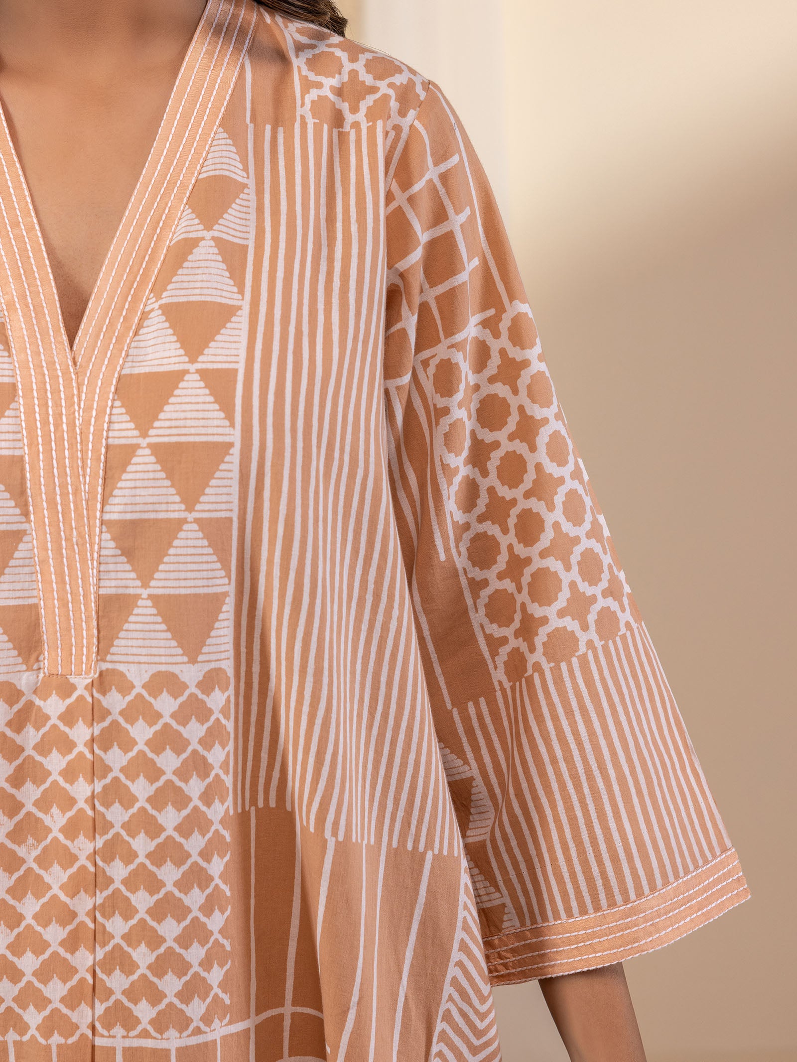 Skin Tones Geometric Beige Cotton Kurta