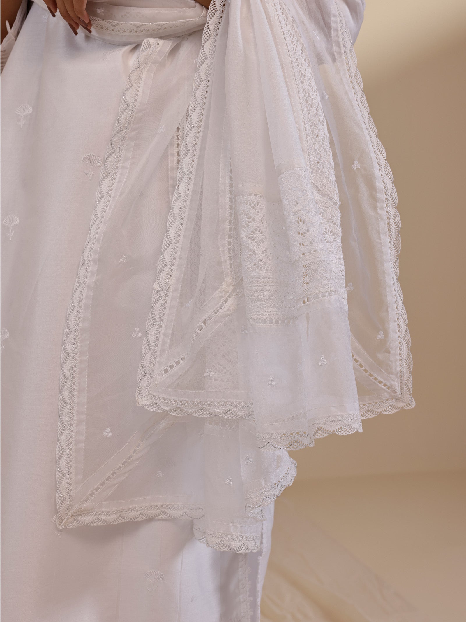 White Wash Exotic Lace Chanderi Dupatta