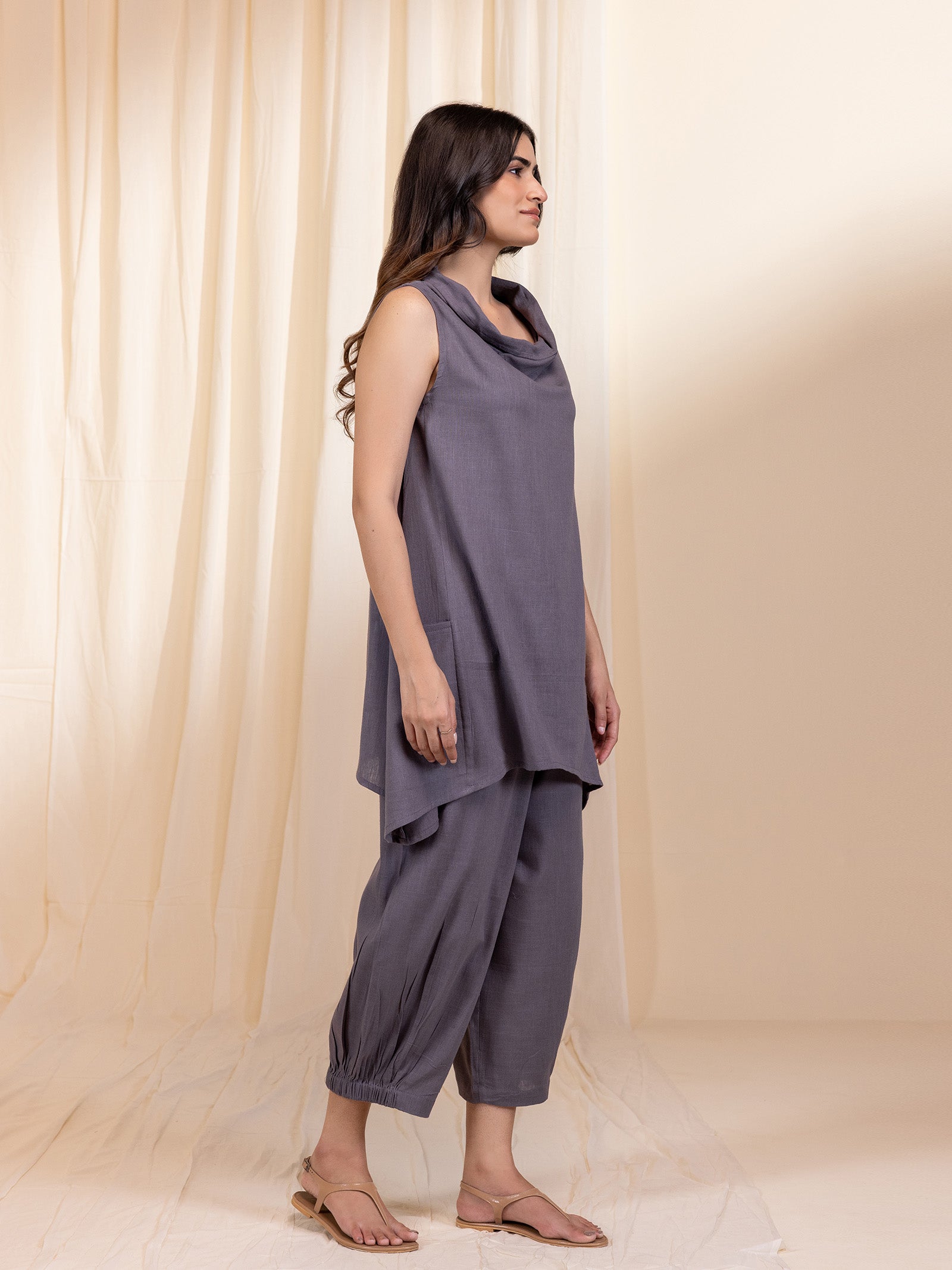 Cowl Grey Cotton Twin Set (Set Of 2 Pcs)