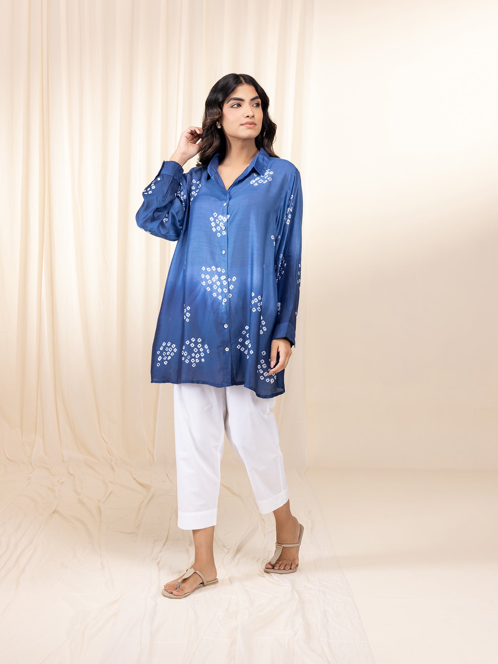 Bandhej Blue Viscose Silk Shirt