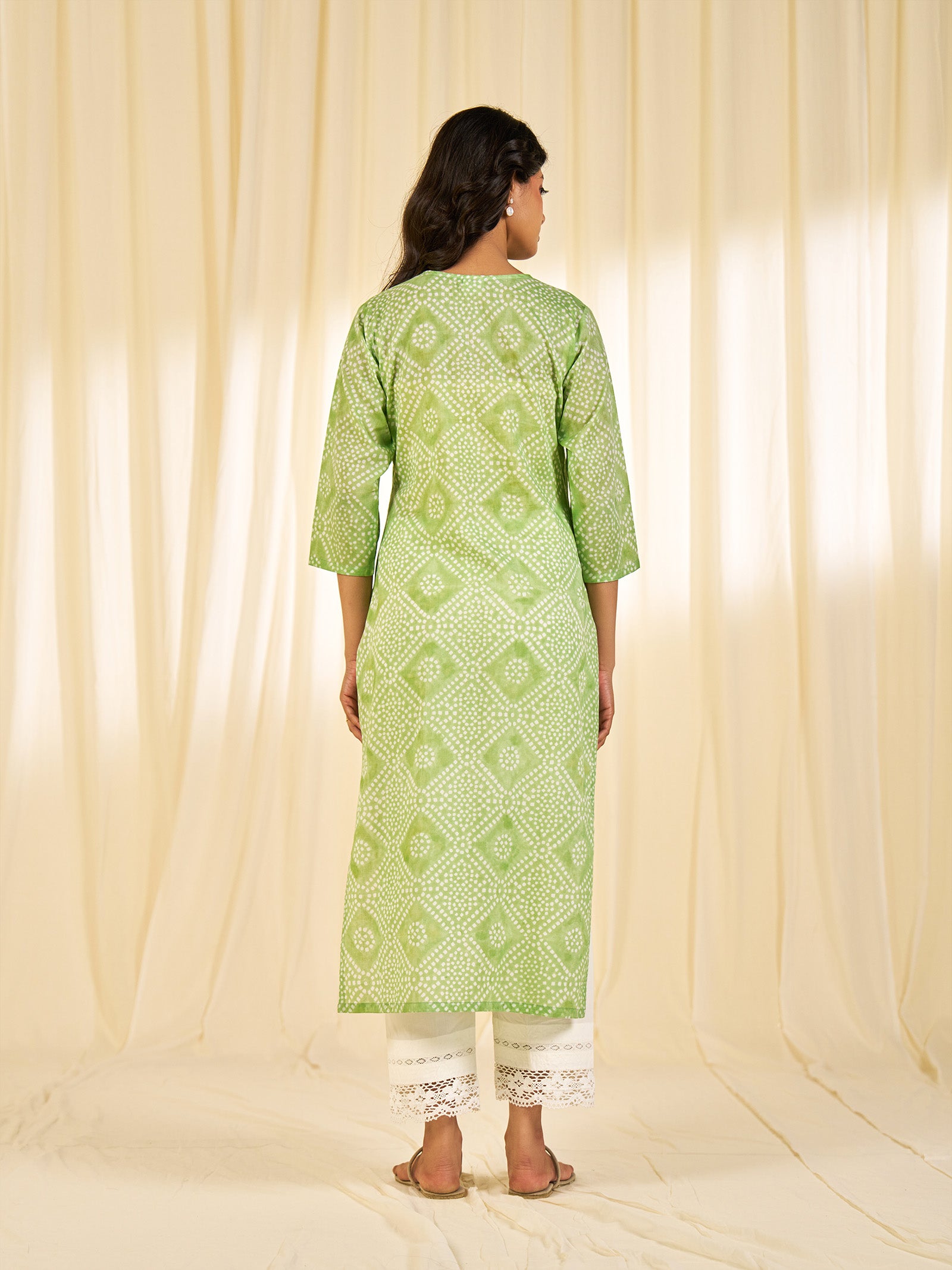 Block Bandhej Green Cotton Kurta