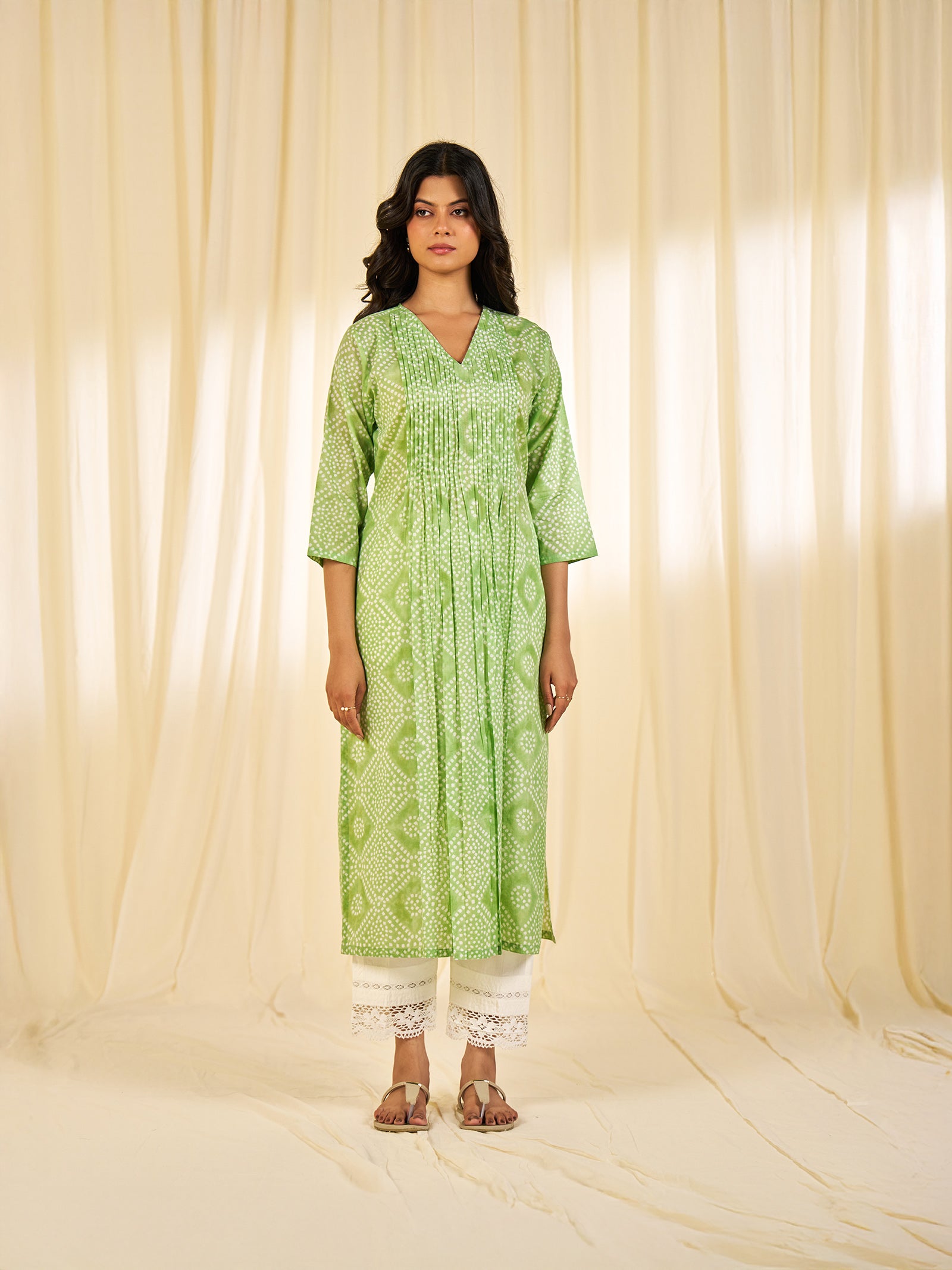 Block Bandhej Green Cotton Kurta