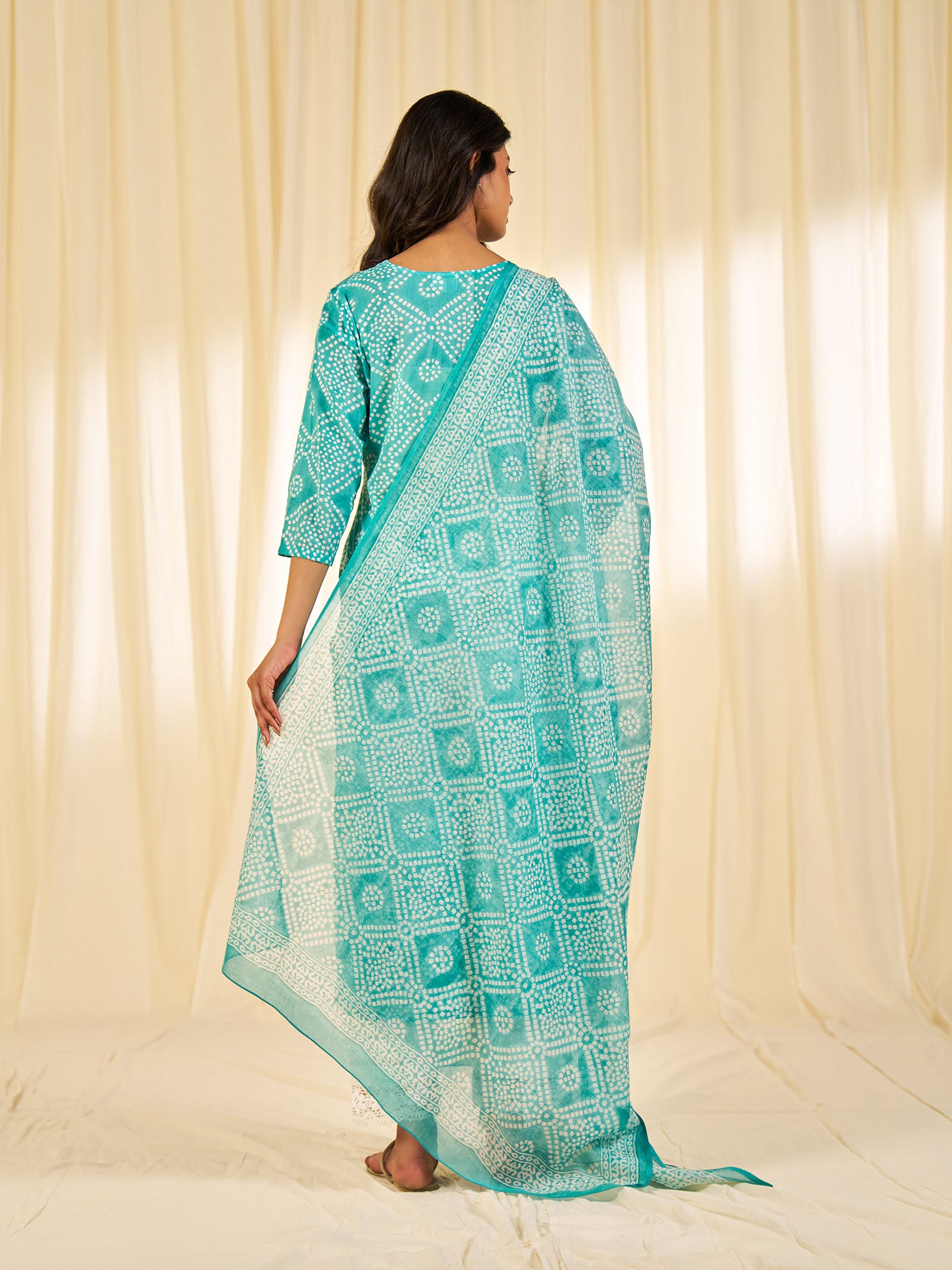 Block Bandhej Teal Chanderi Dupatta