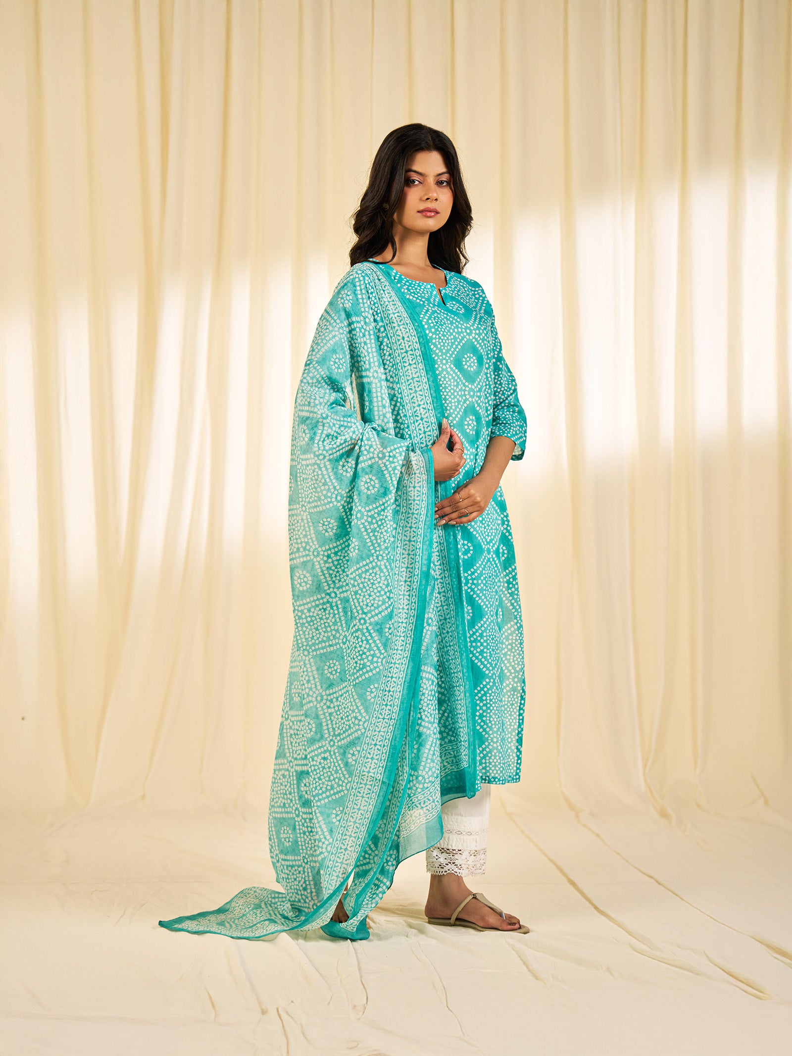 Block Bandhej Teal Chanderi Dupatta