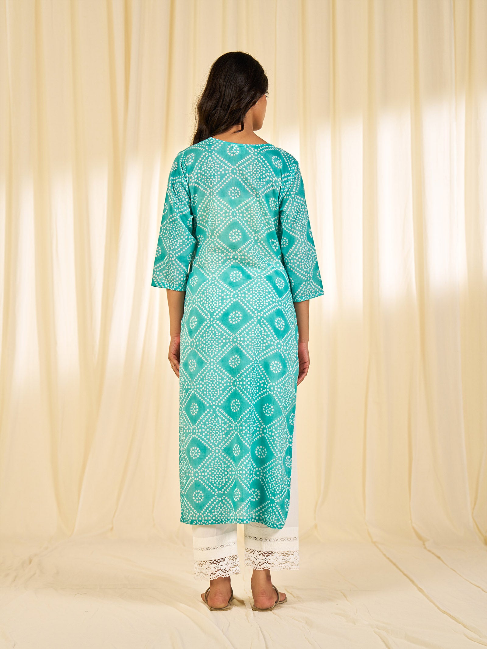Block Bandhej Teal Cotton Kurta