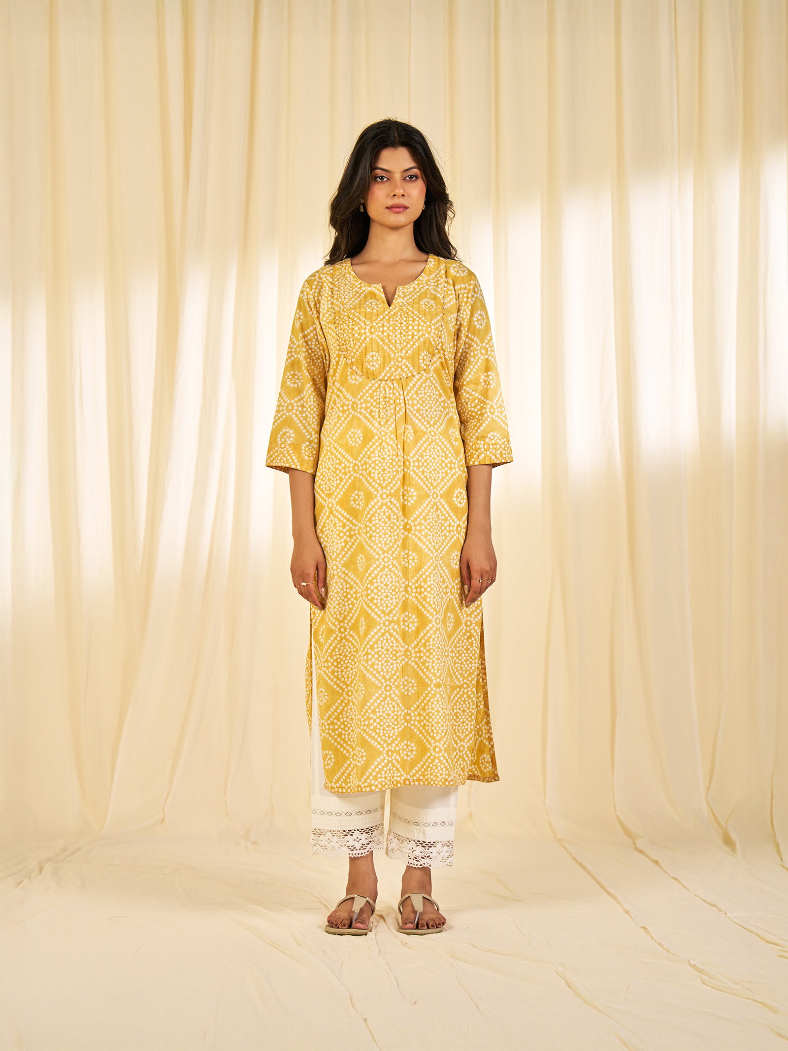 Block Bandhej Yellow Cotton Kurta