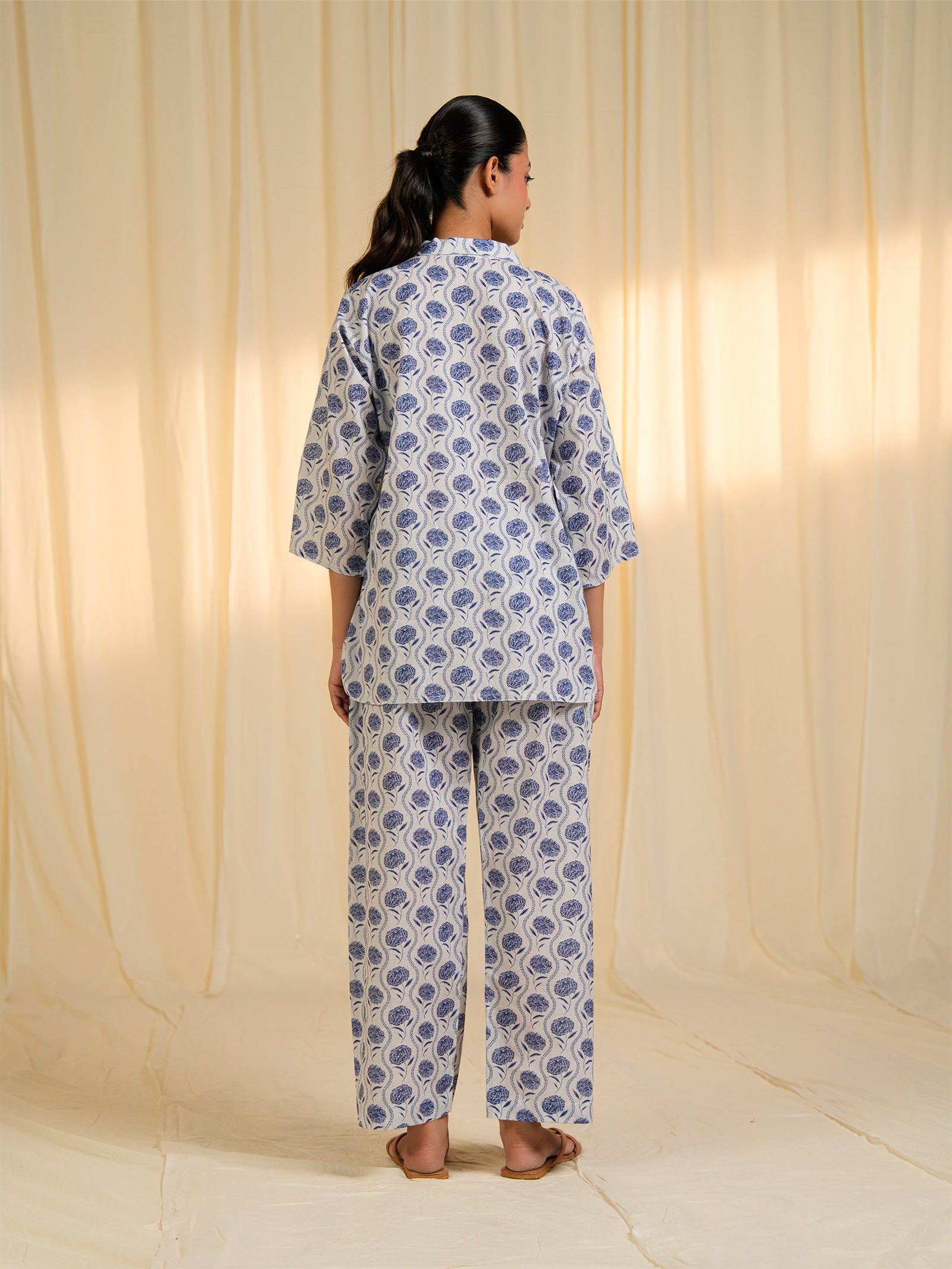 Carnation Blue Collared Cotton Night Suit