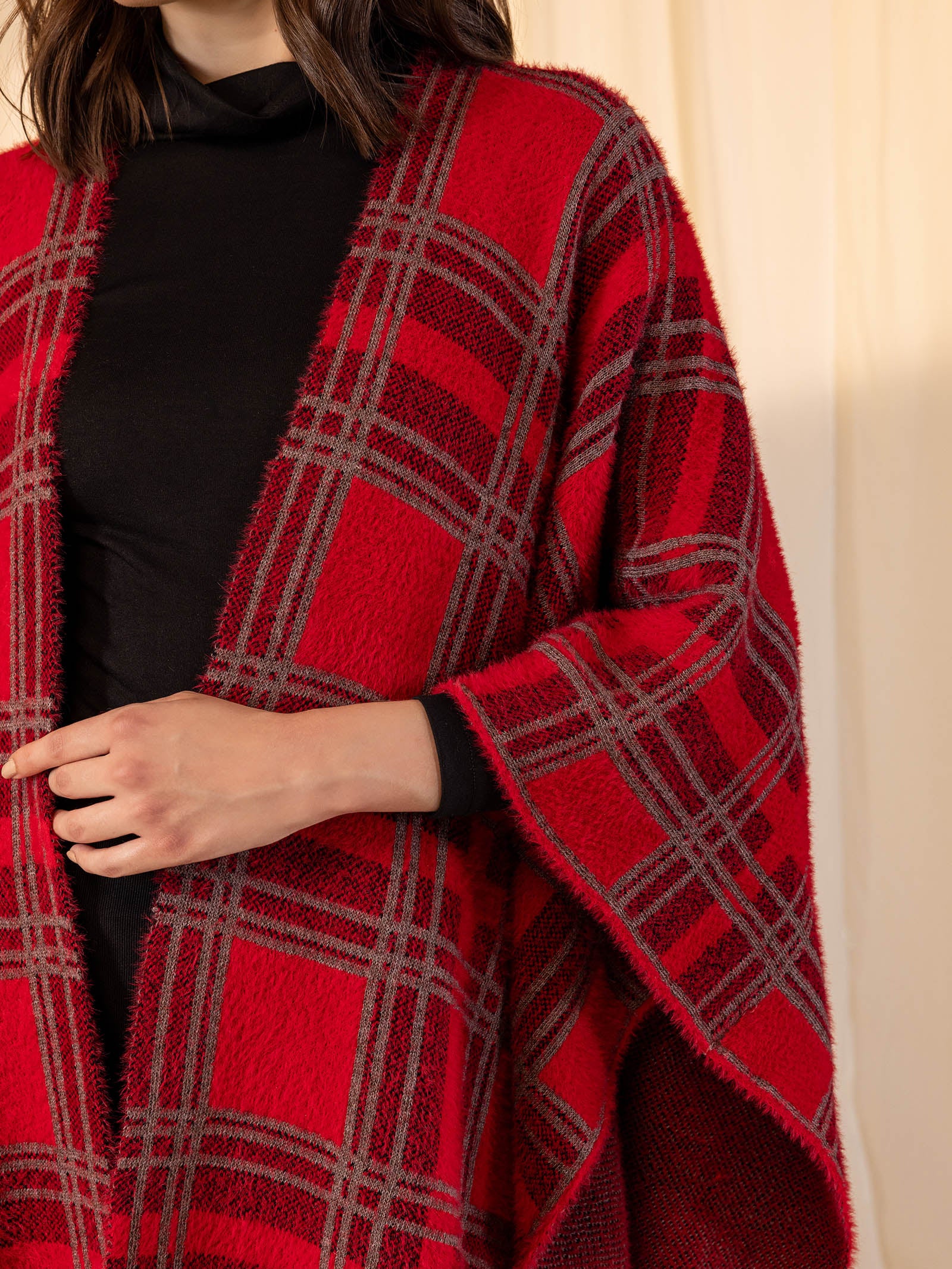 Woolen Reversible Check Cape Crimson