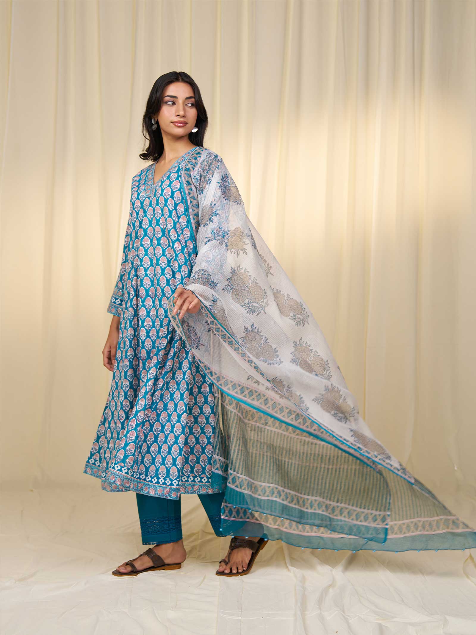 Teal Printed Kota Dupatta