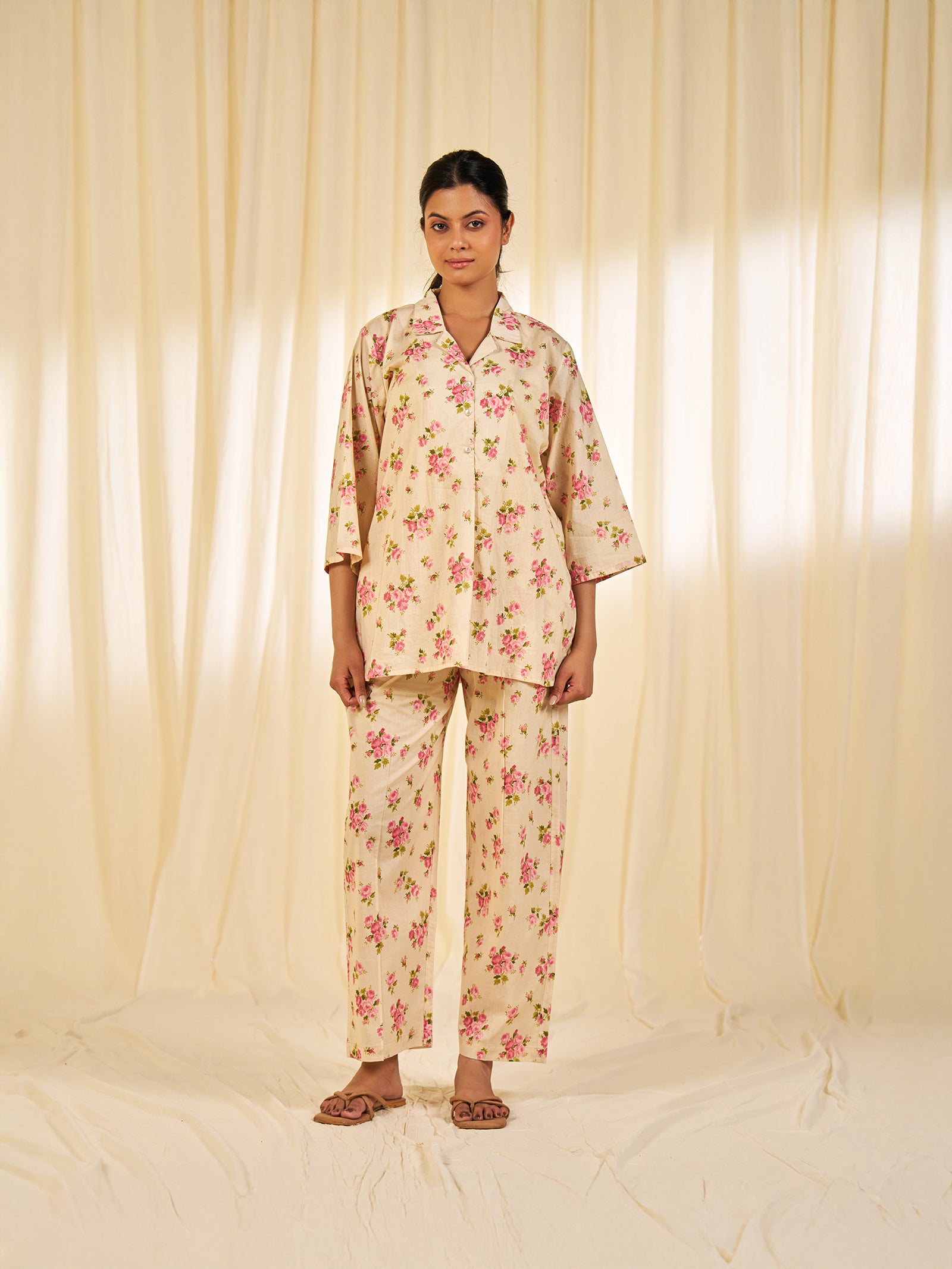 Cottage Rose Collared Cotton Night Suit