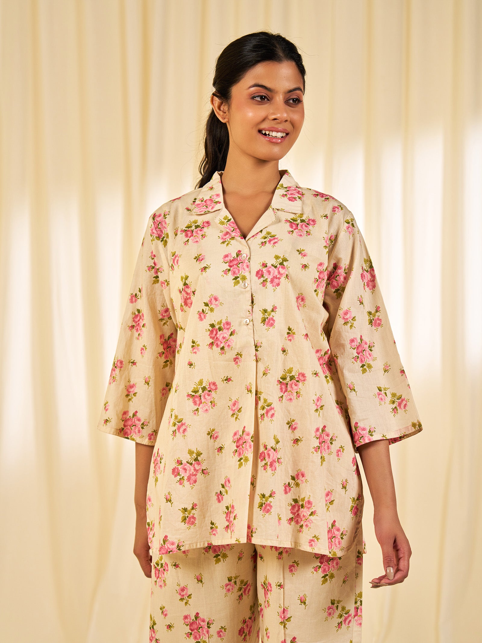 Cottage Rose Collared Cotton Night Suit
