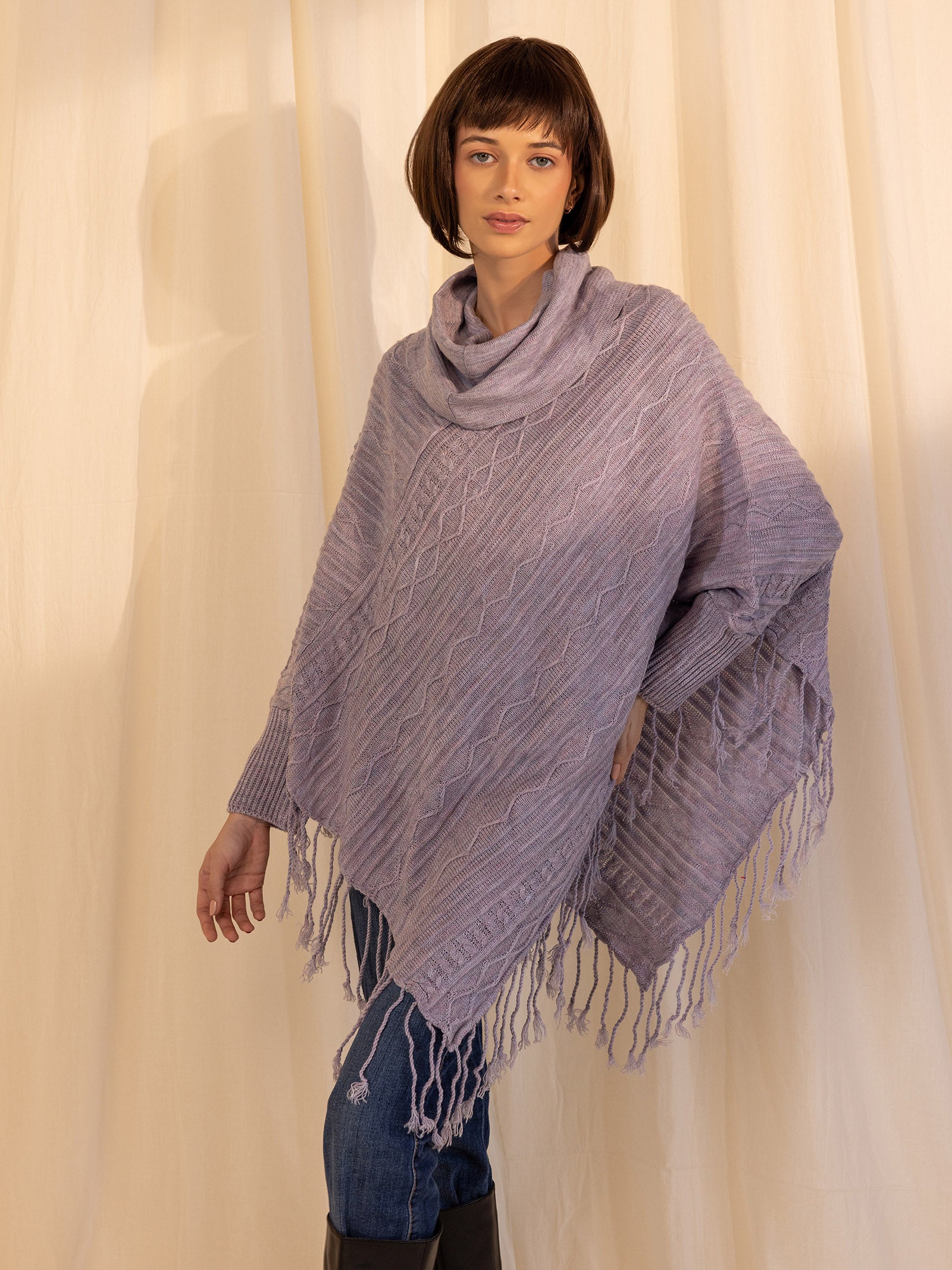 Woollen Cowl Neck Poncho - Lilac