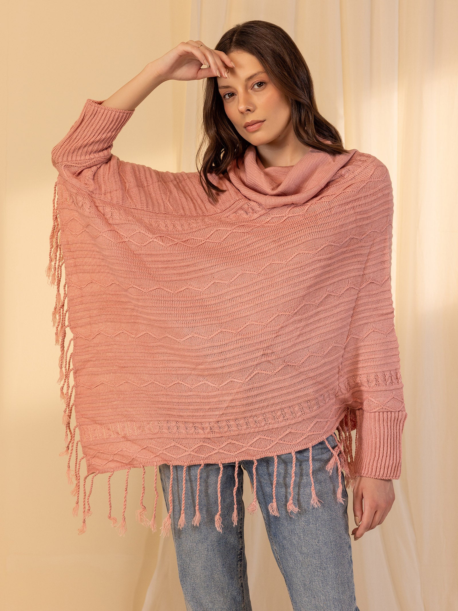 Woolen Cowl Neck Poncho - Rose