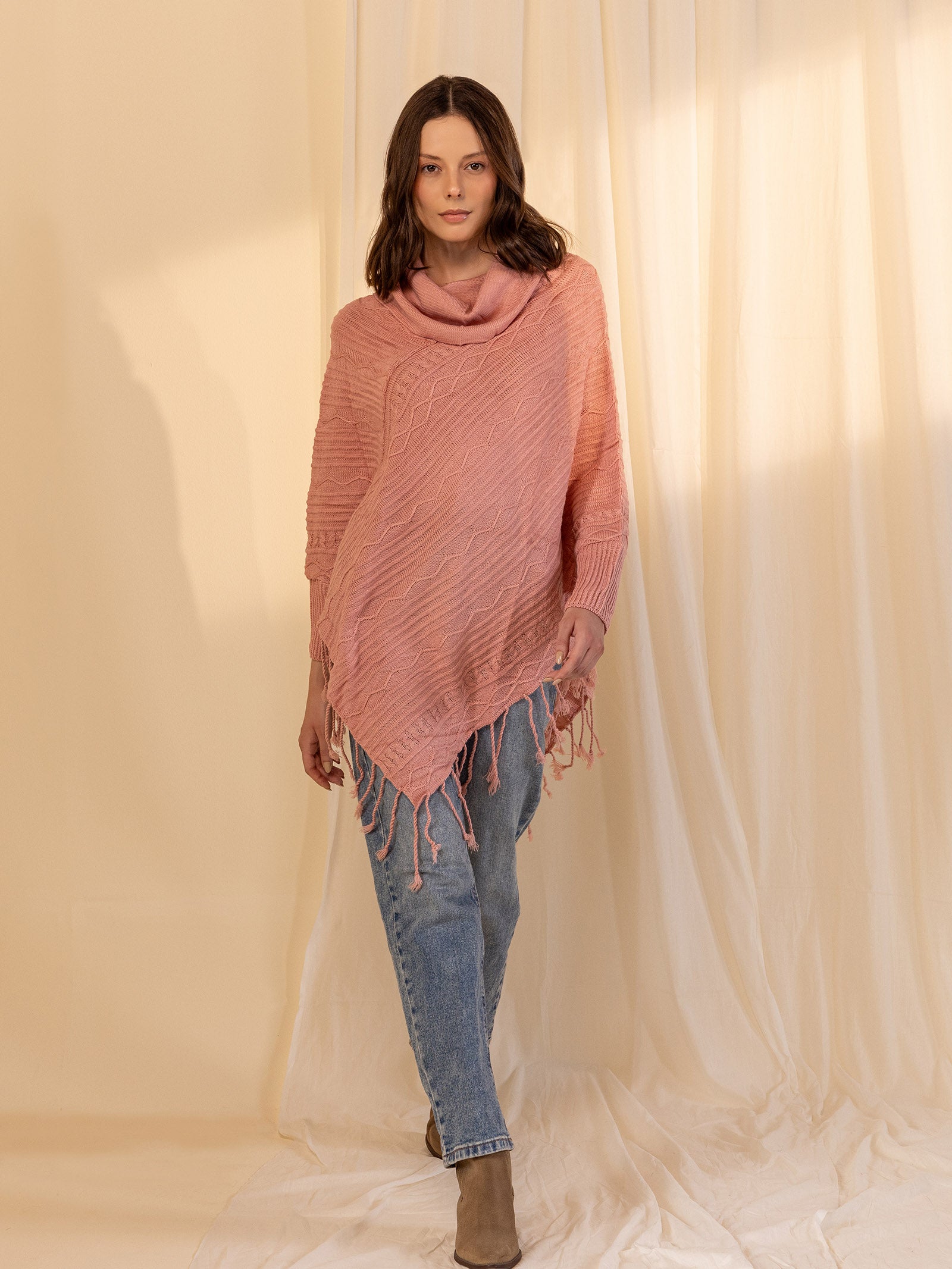 Woolen Cowl Neck Poncho - Rose