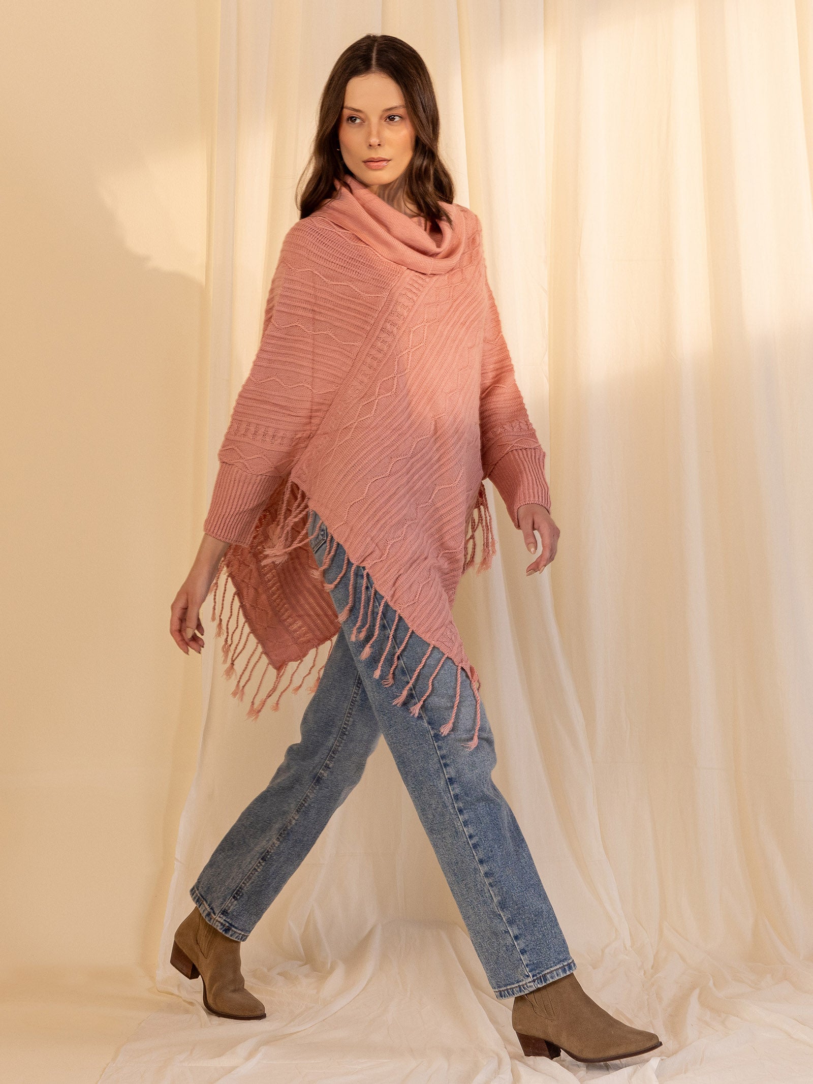 Woolen Cowl Neck Poncho - Rose