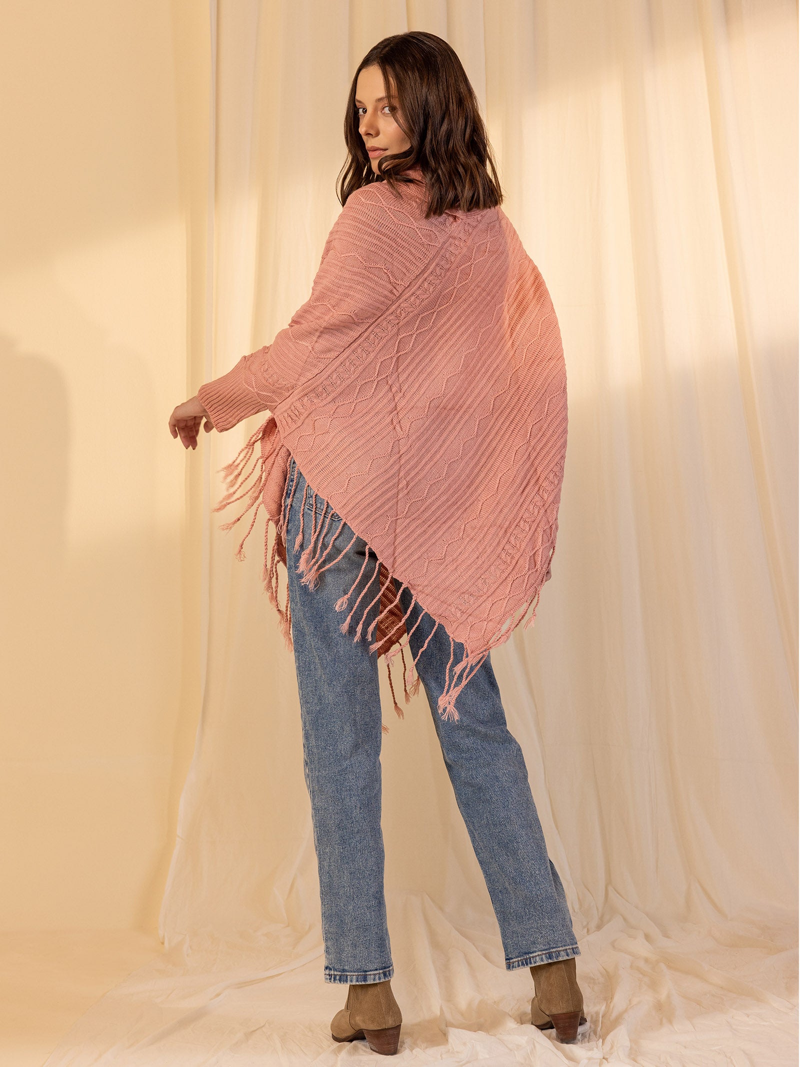 Woolen Cowl Neck Poncho - Rose