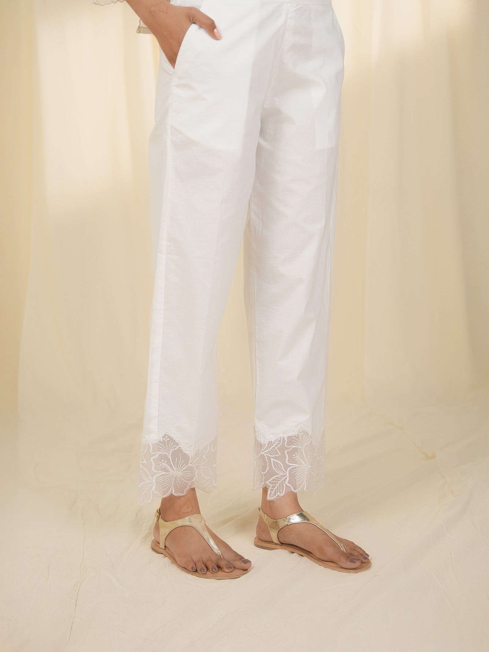 Cutwork Lace Cotton Straight Pants