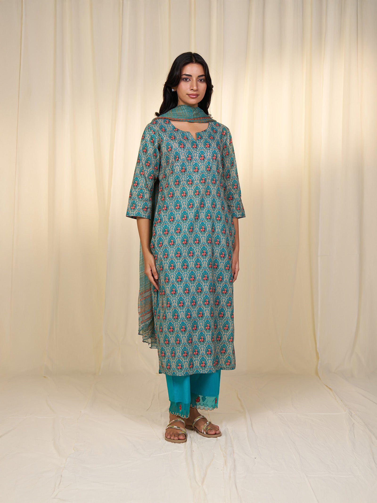 Indian Chintz Teal Chiffon Dupatta