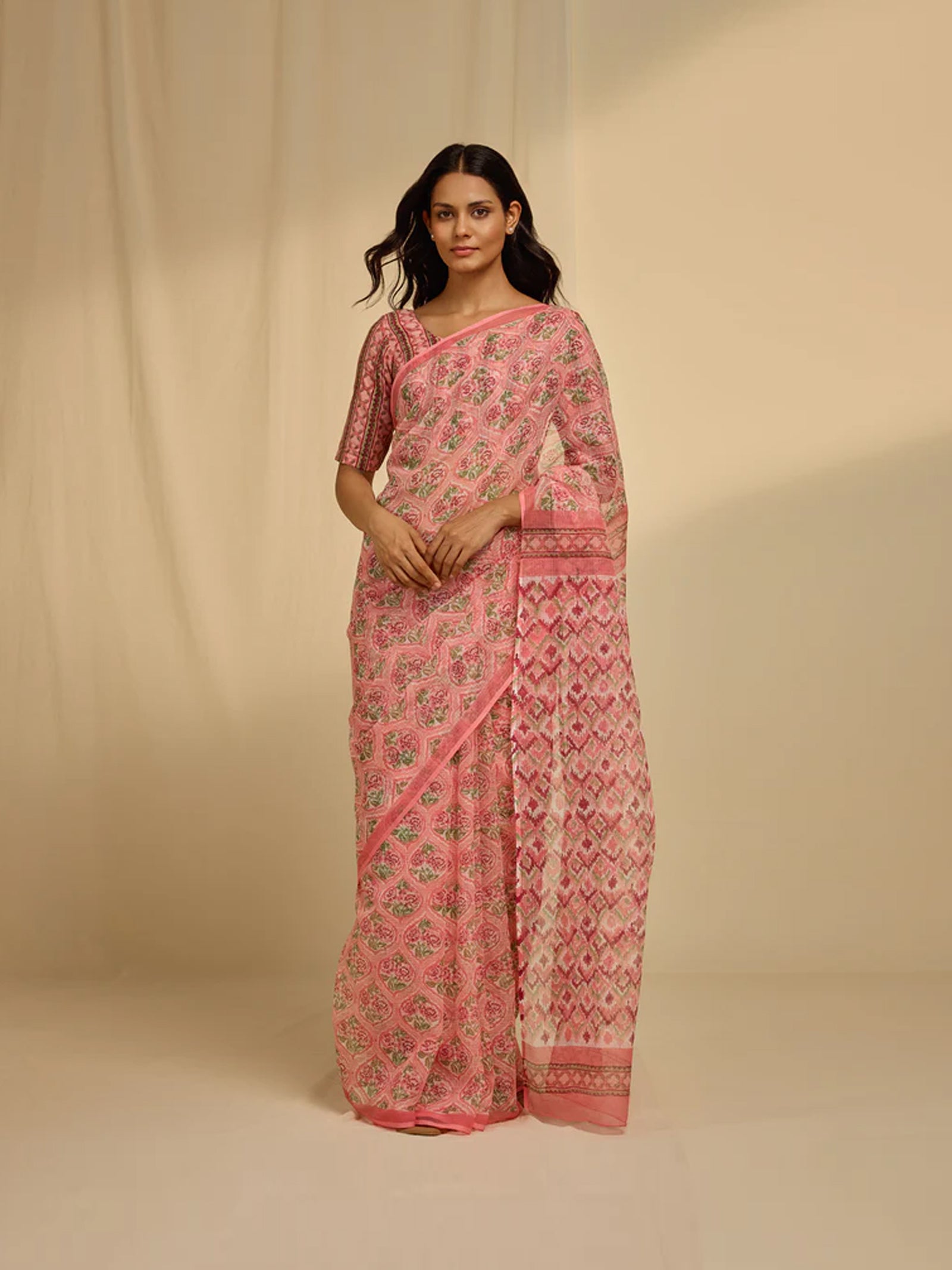 Ikat Pink Kota Saree