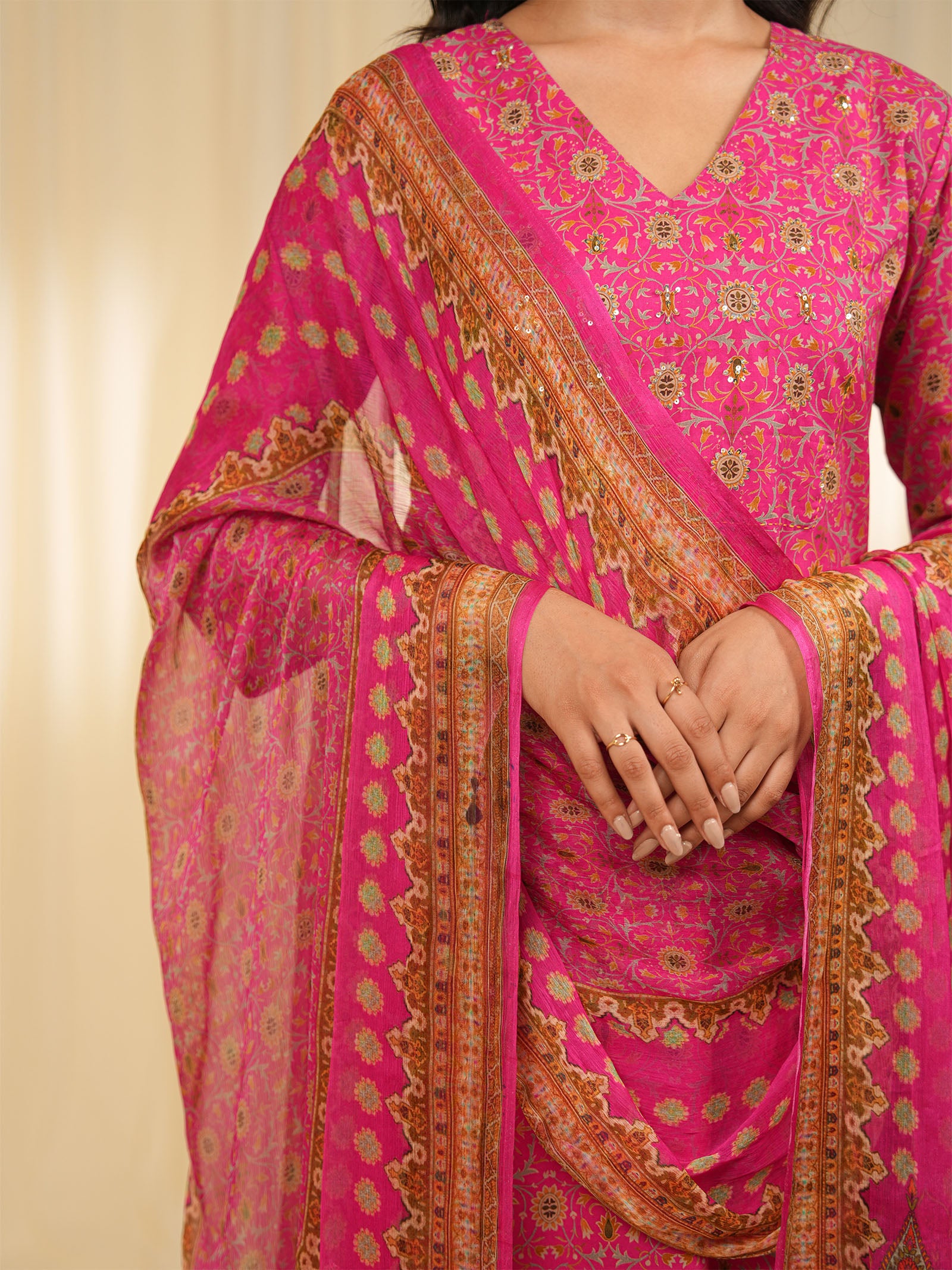 Indian Chintz Fuchsia Chiffon Dupatta