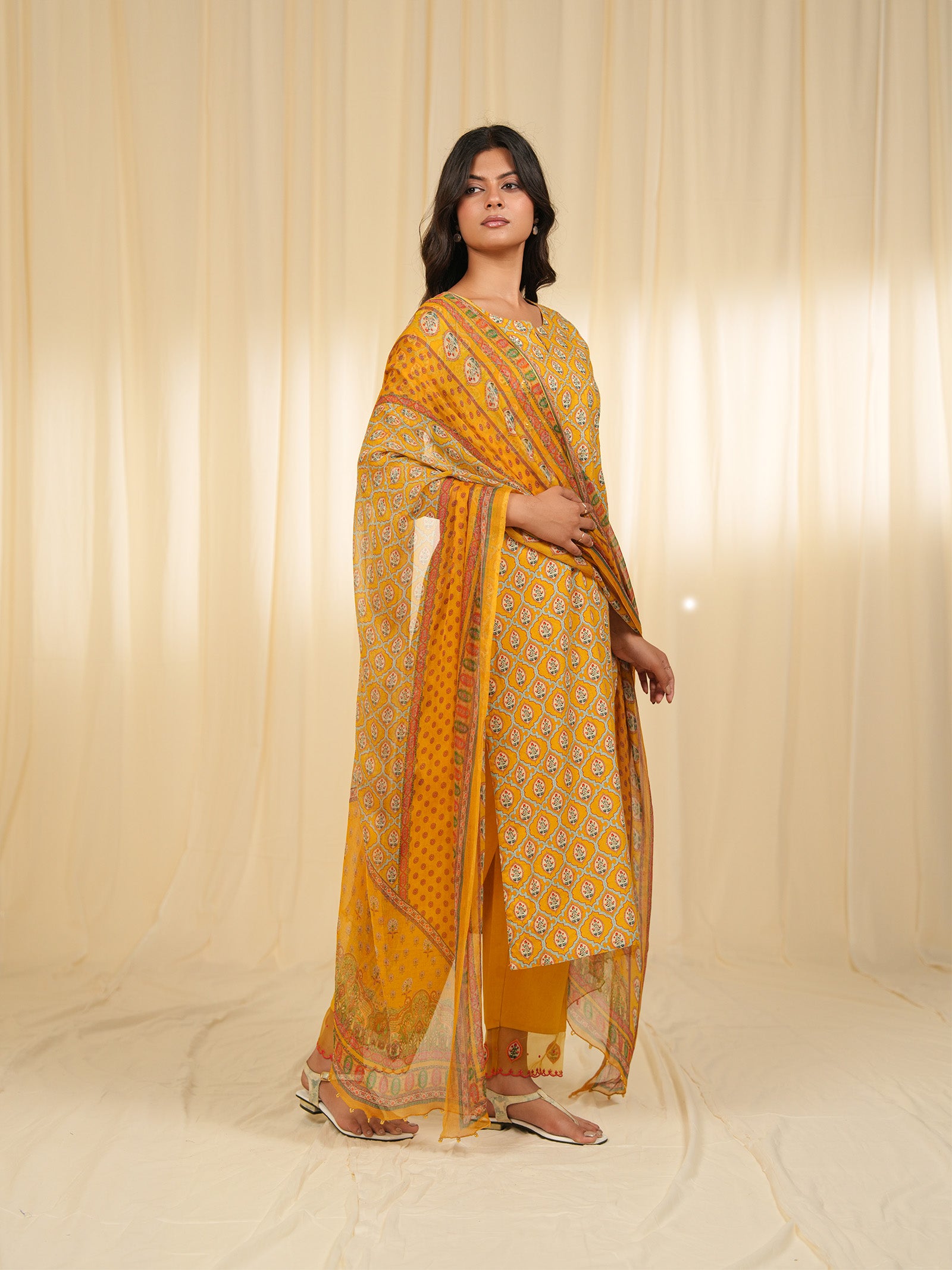 Indian Chintz Mustard Chiffon Dupatta