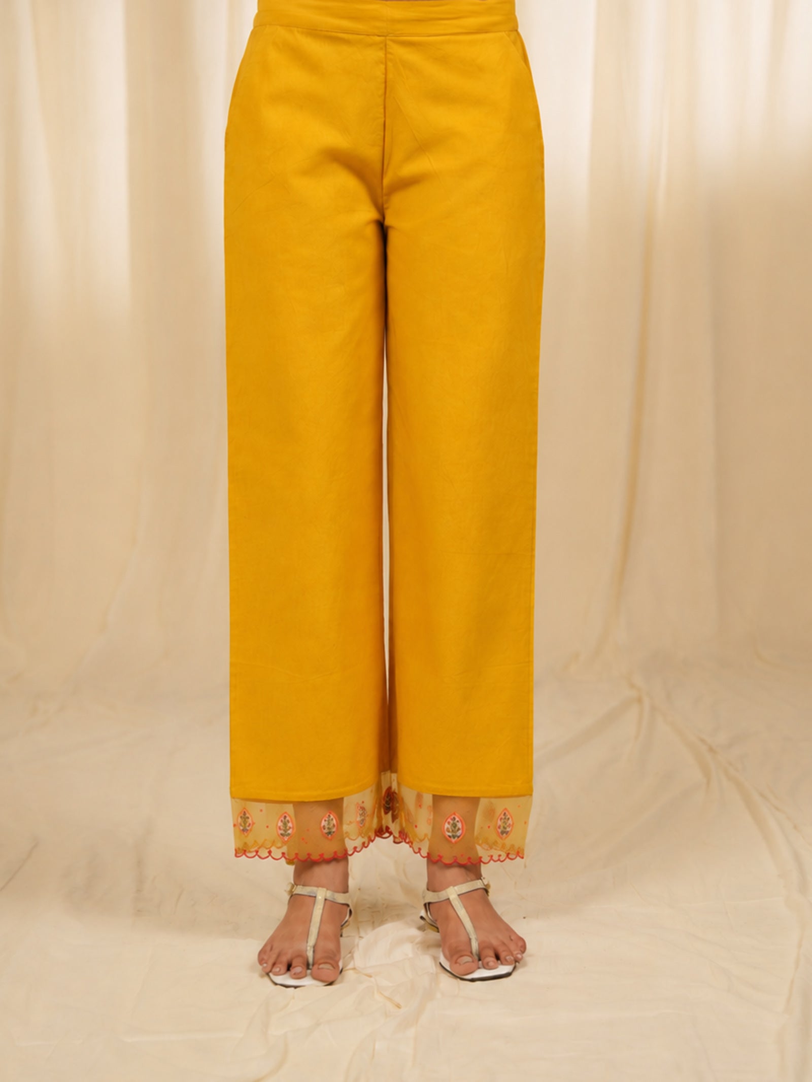 Indian Chintz Mustard Cotton Straight Pants