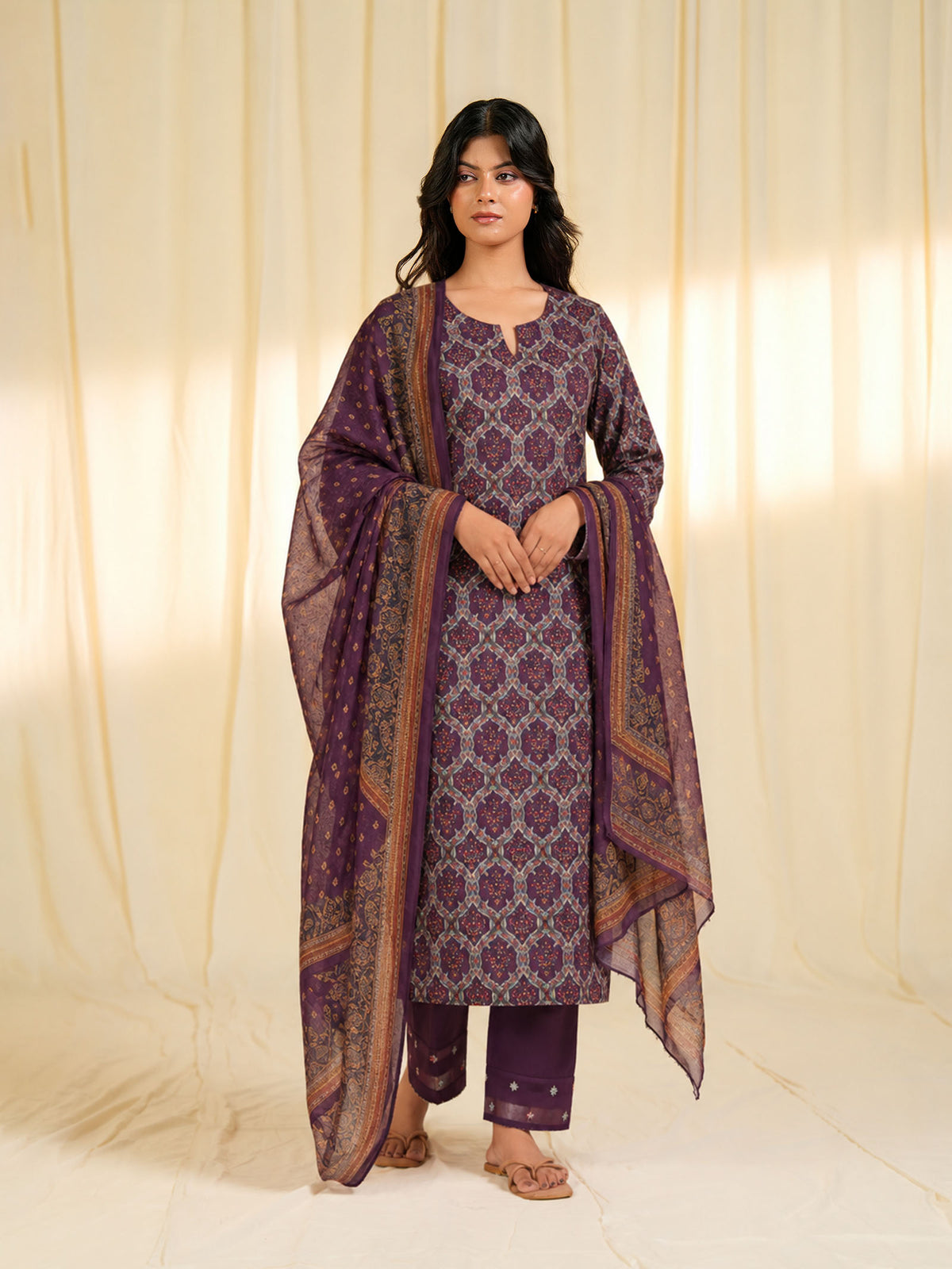 Indian Chintz Plum Chiffon Dupatta