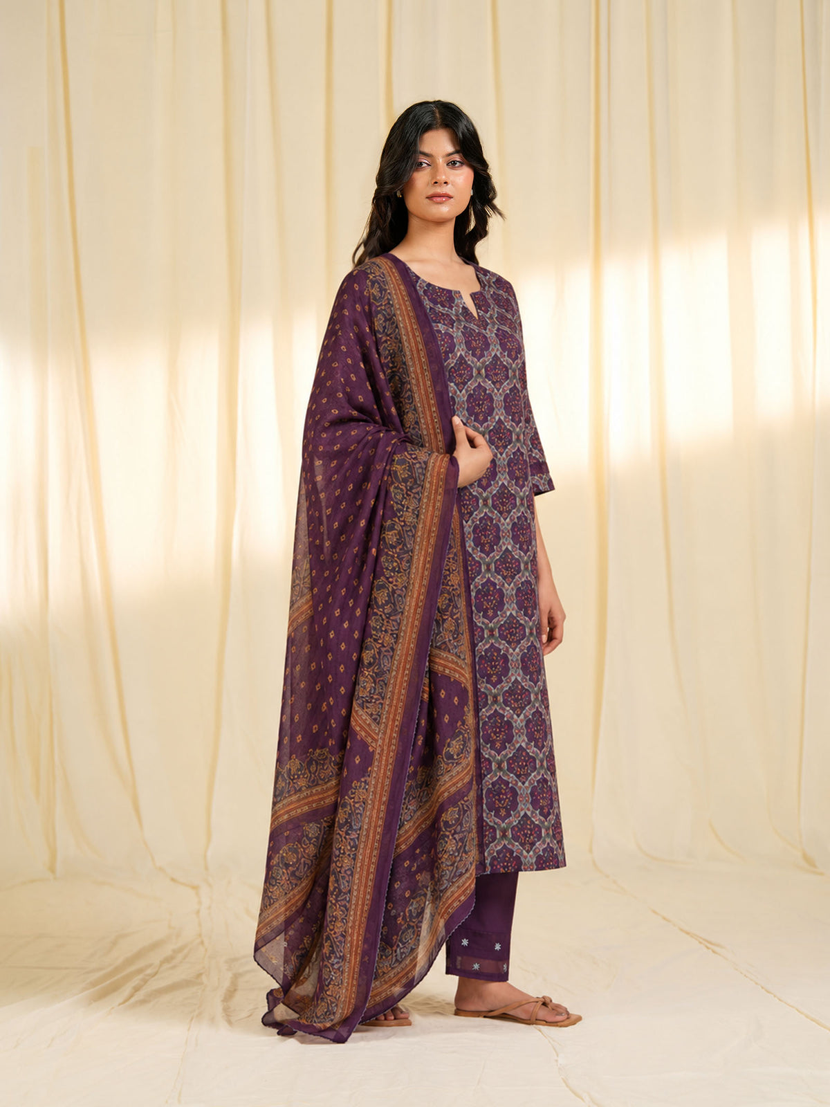 Indian Chintz Plum Chiffon Dupatta