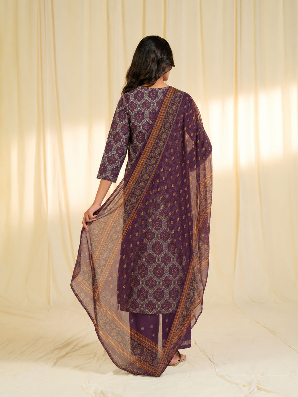 Indian Chintz Plum Chiffon Dupatta