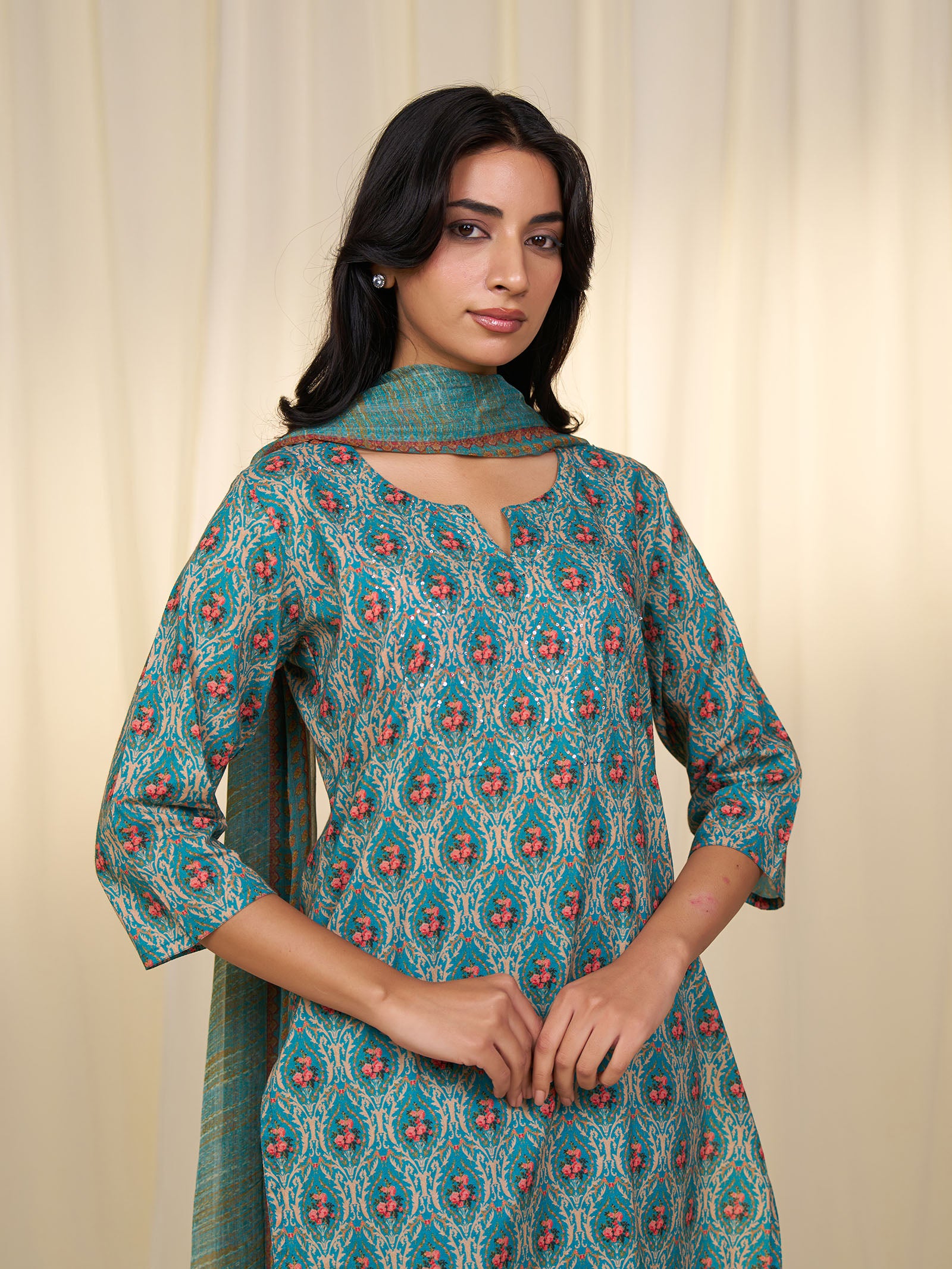 Indian Chintz Teal Chiffon Dupatta