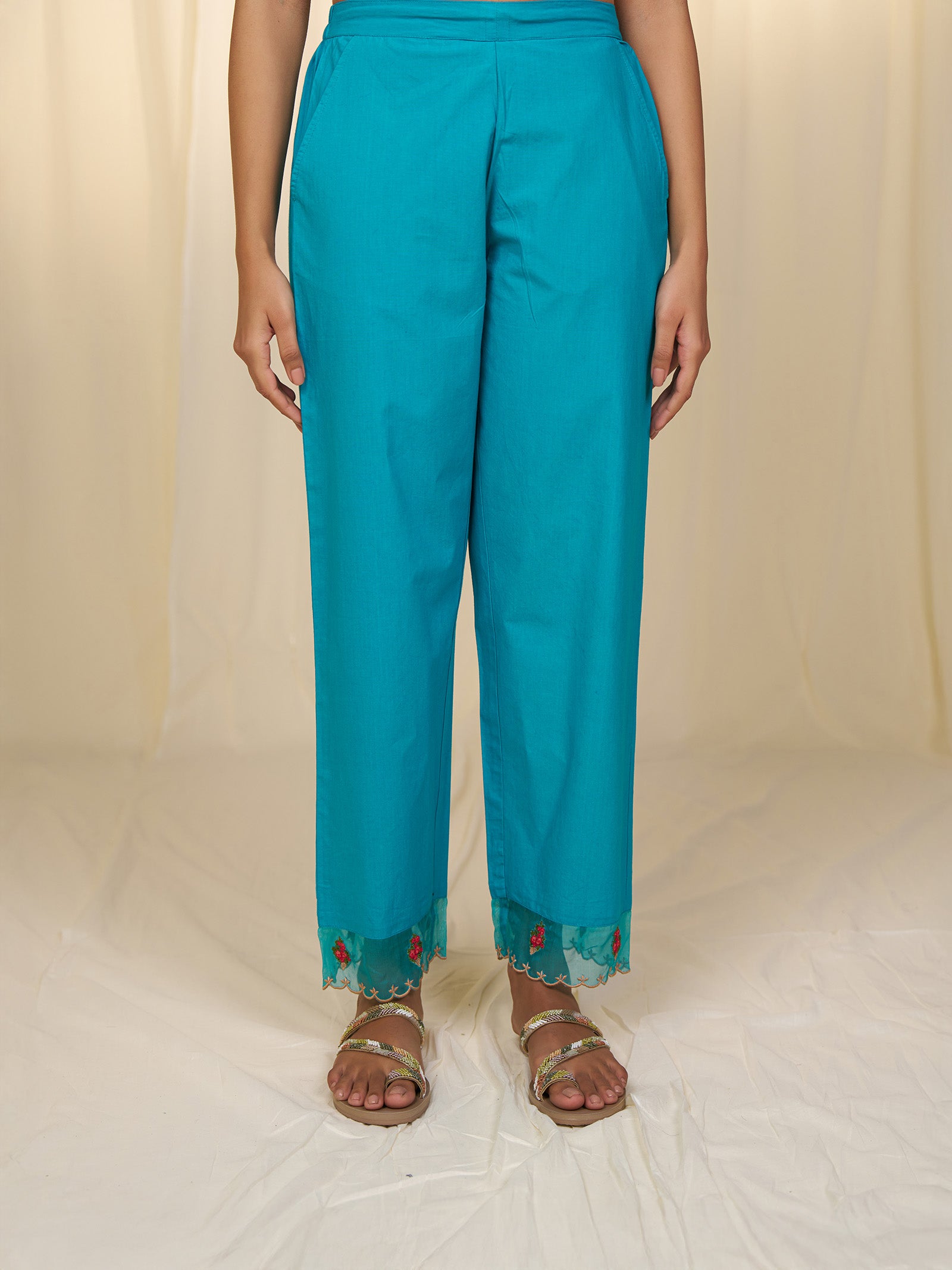 Indian Chintz Teal Cotton Straight Pants