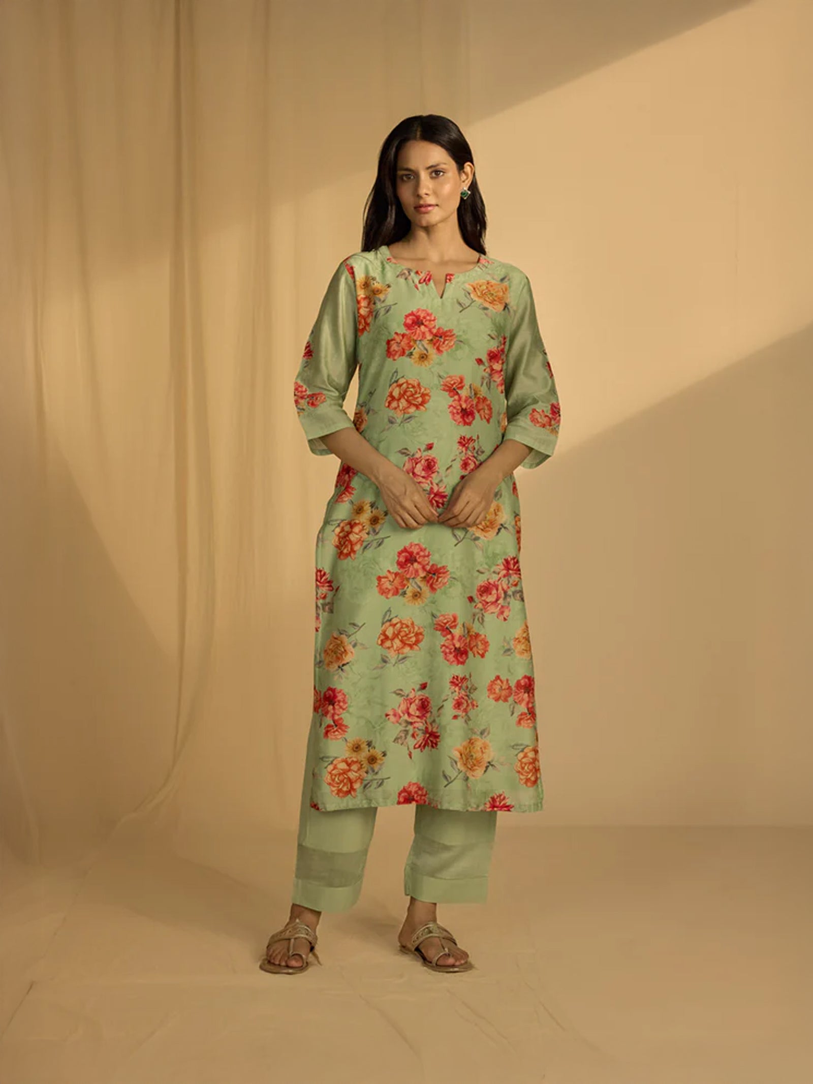 Big Flower Green Chanderi Kurta