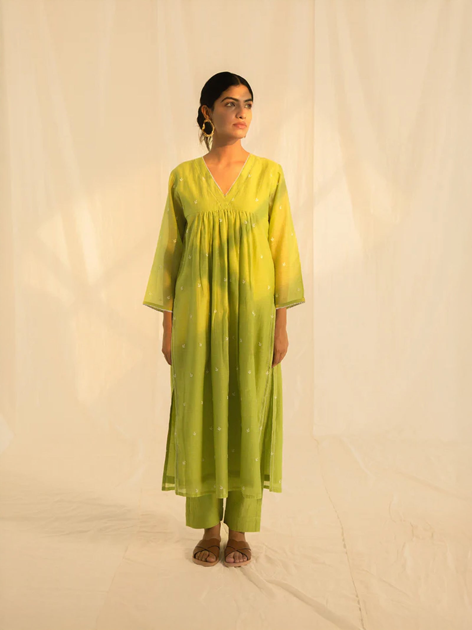 Needle Work Leaf Green Chanderi Kurta