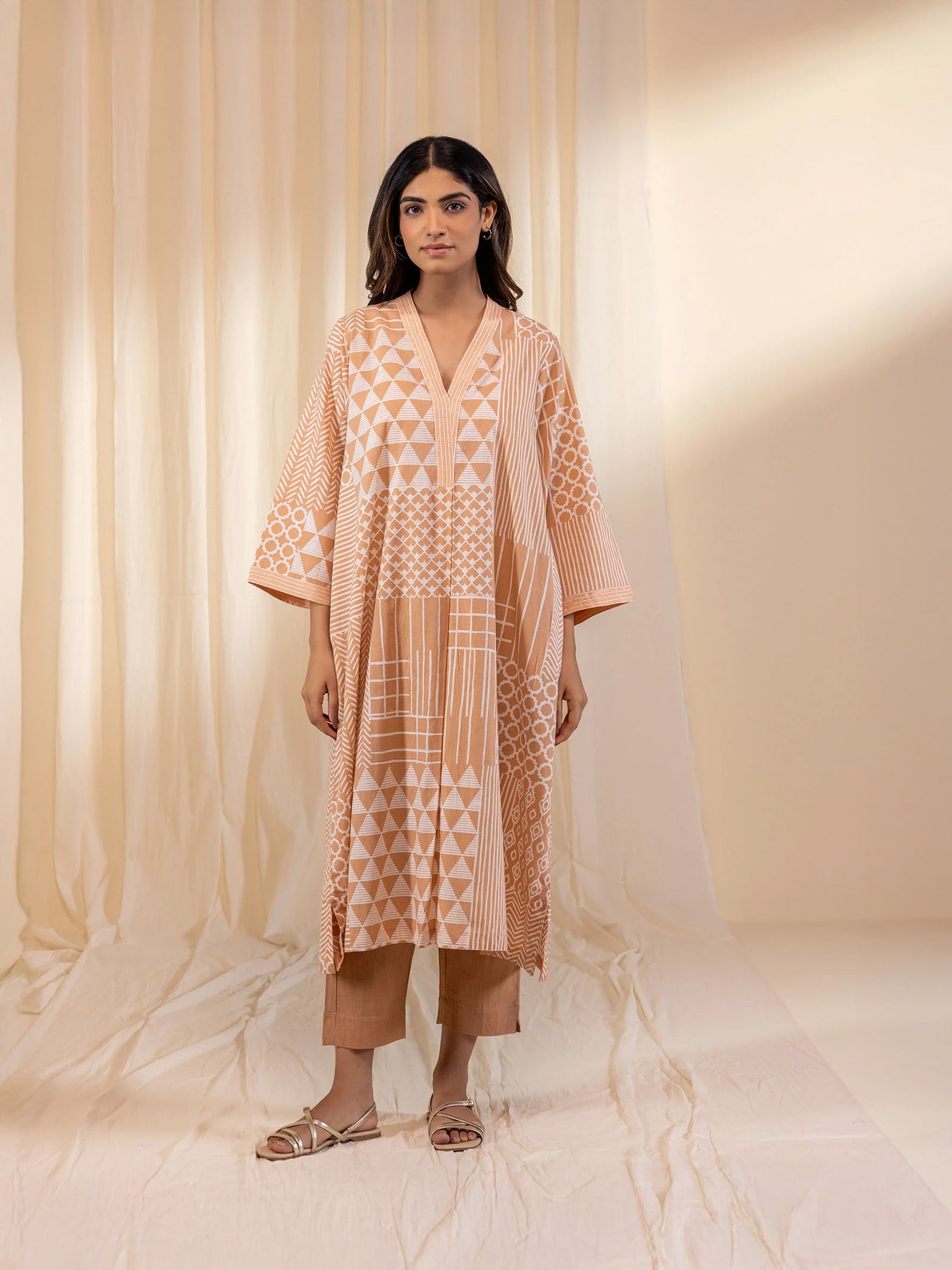 Skin Tones Geometric Beige Cotton Kurta