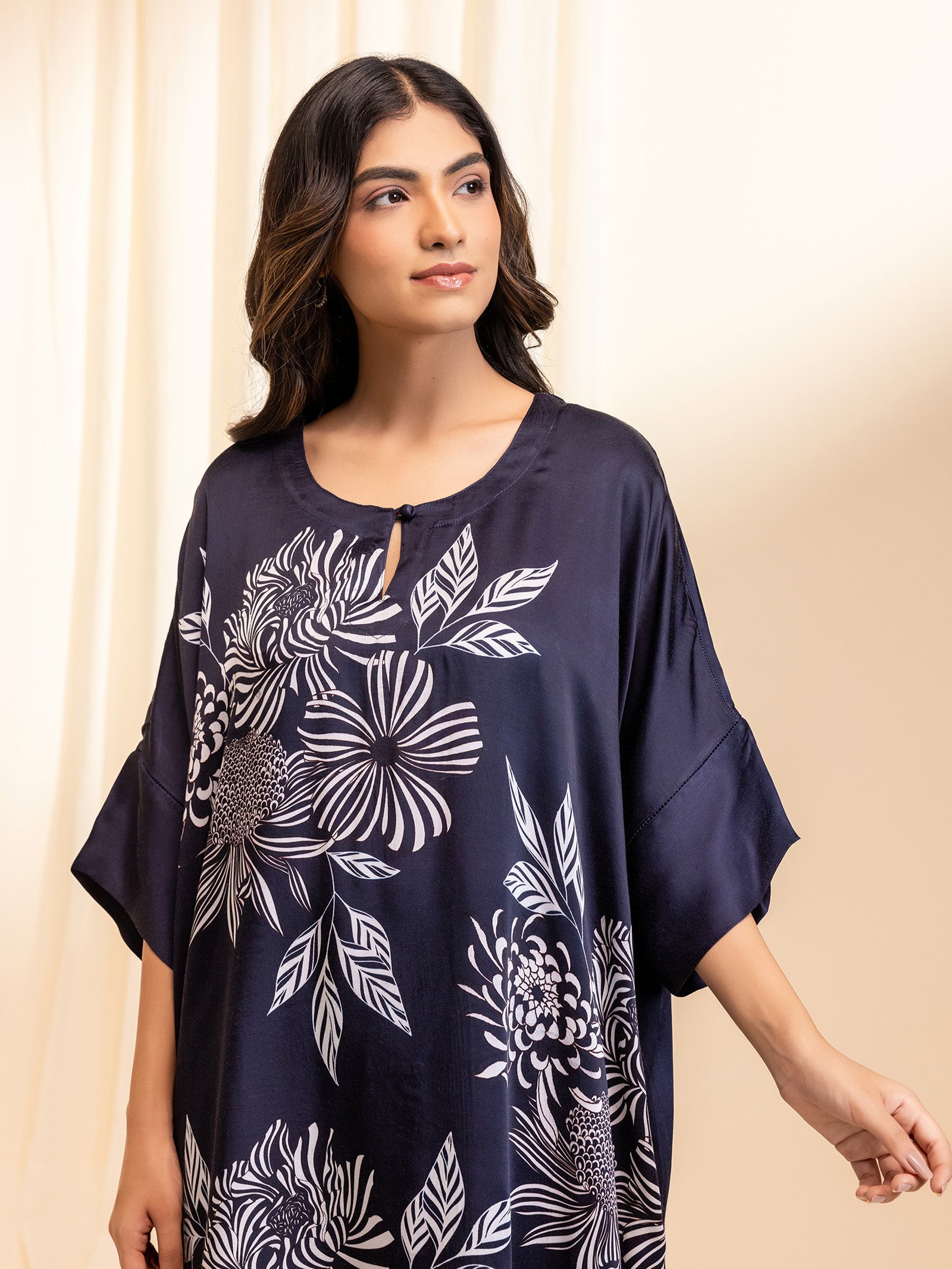 Cocktail Navy Blue Modal Satin Kaftan