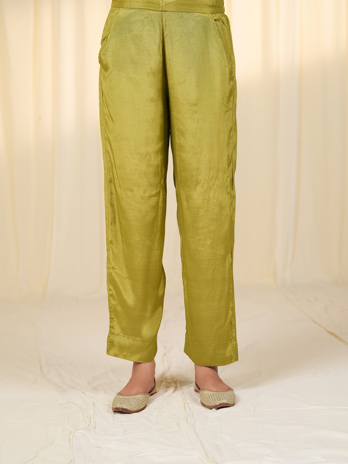 Laced-Up Avocado Bamboo Silk Straight Pants