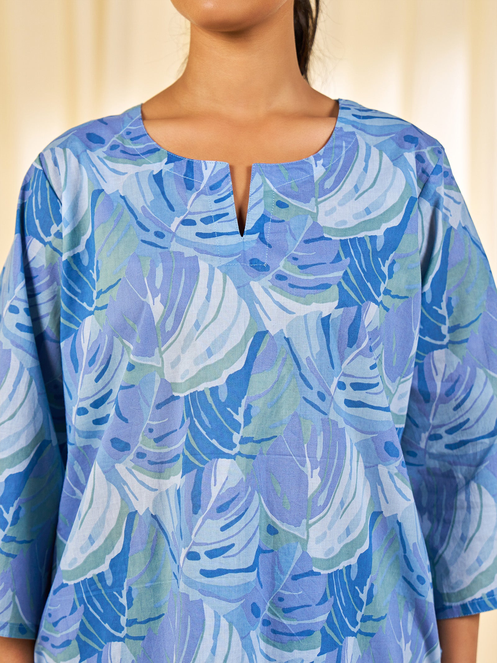 Leaves Blue Cotton Night Suit