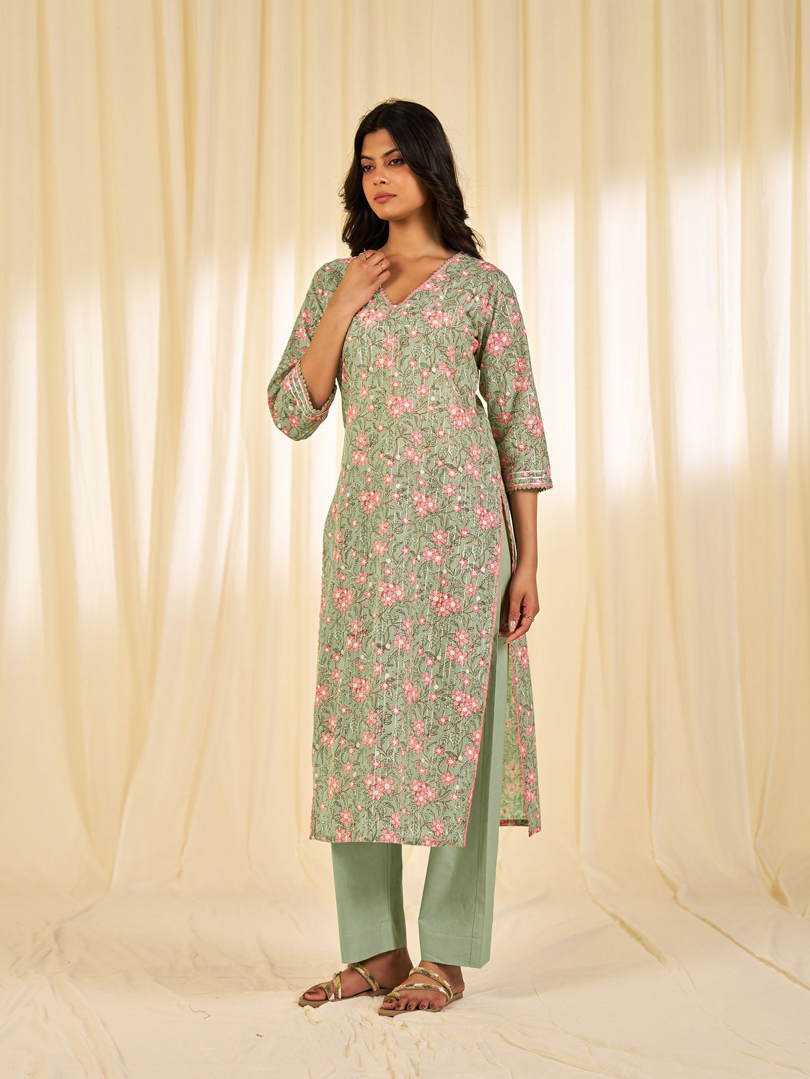 Olive Green - Lurex Cotton Kurta