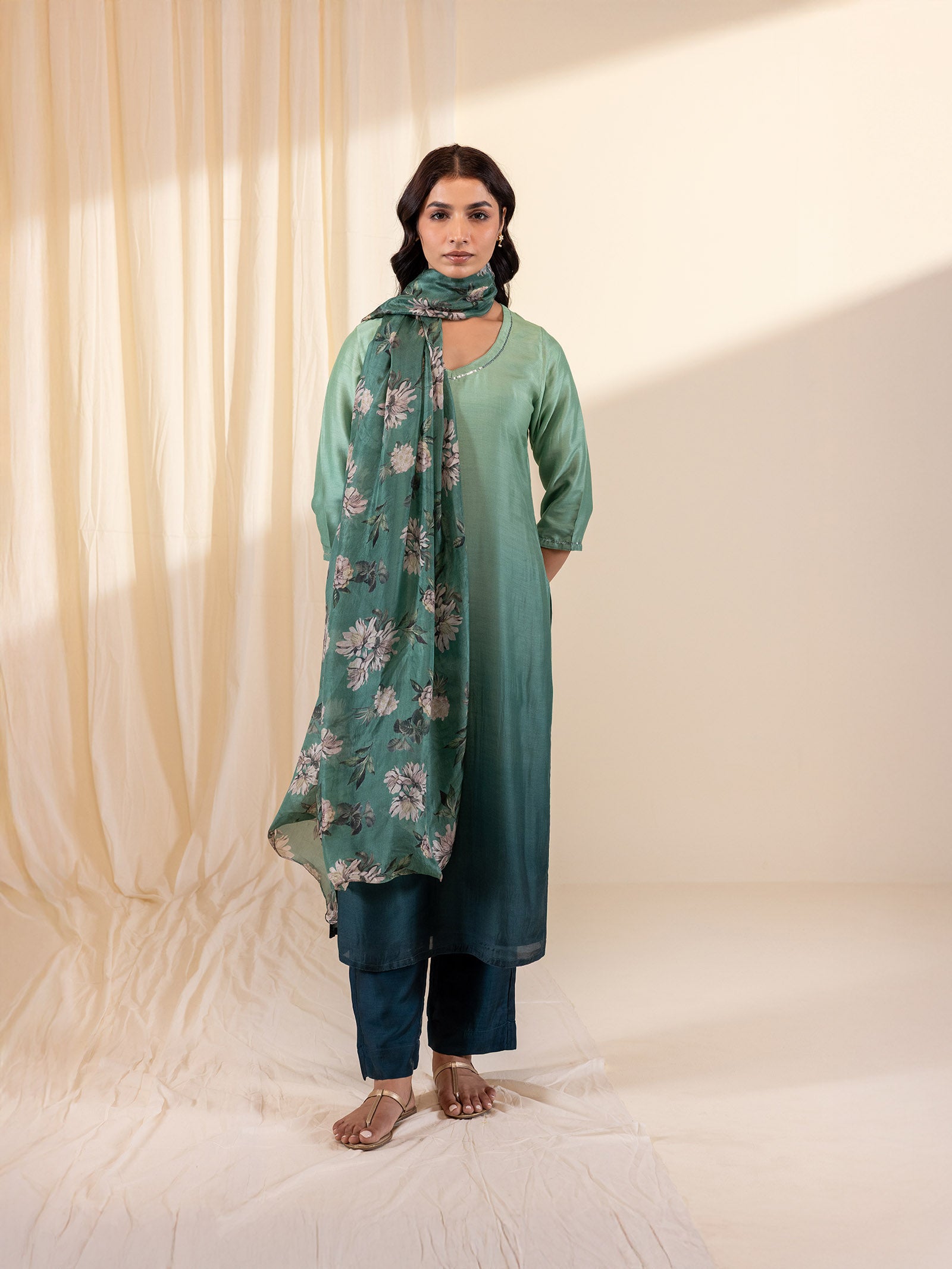 Ombre Green Tabby Silk Dupatta