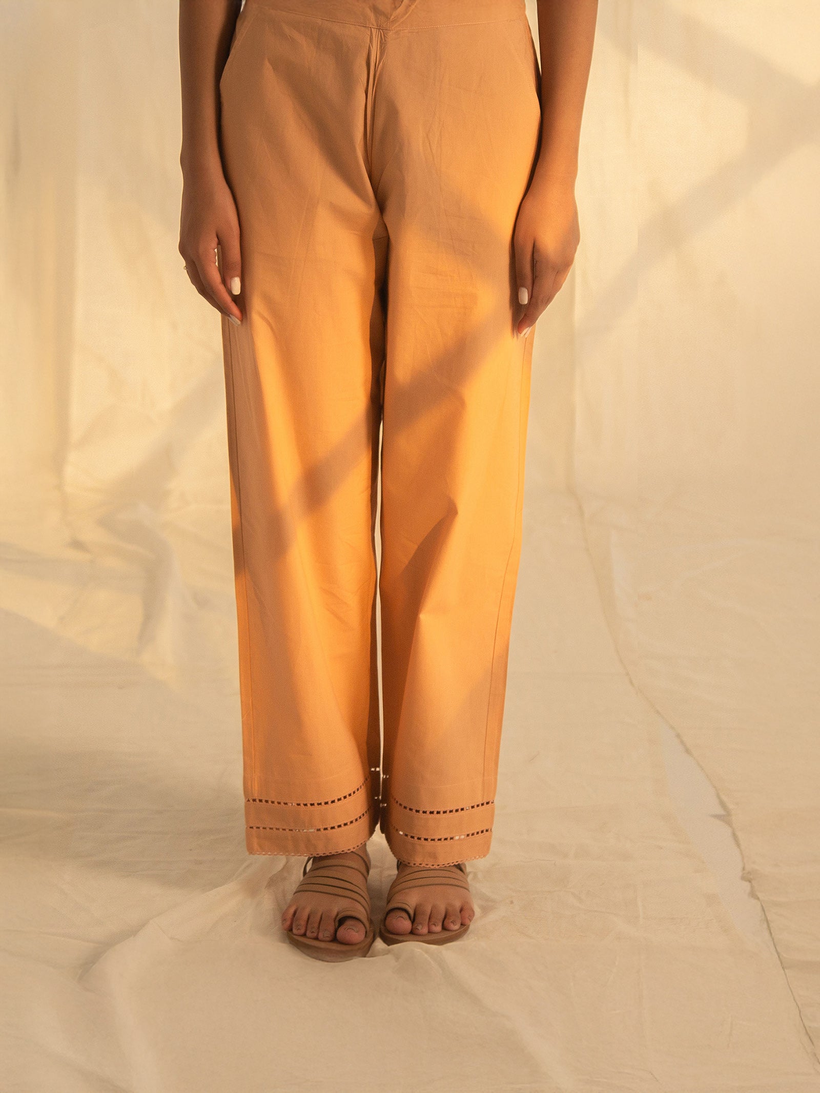 Satin Stitch Peach Cotton Straight Pant