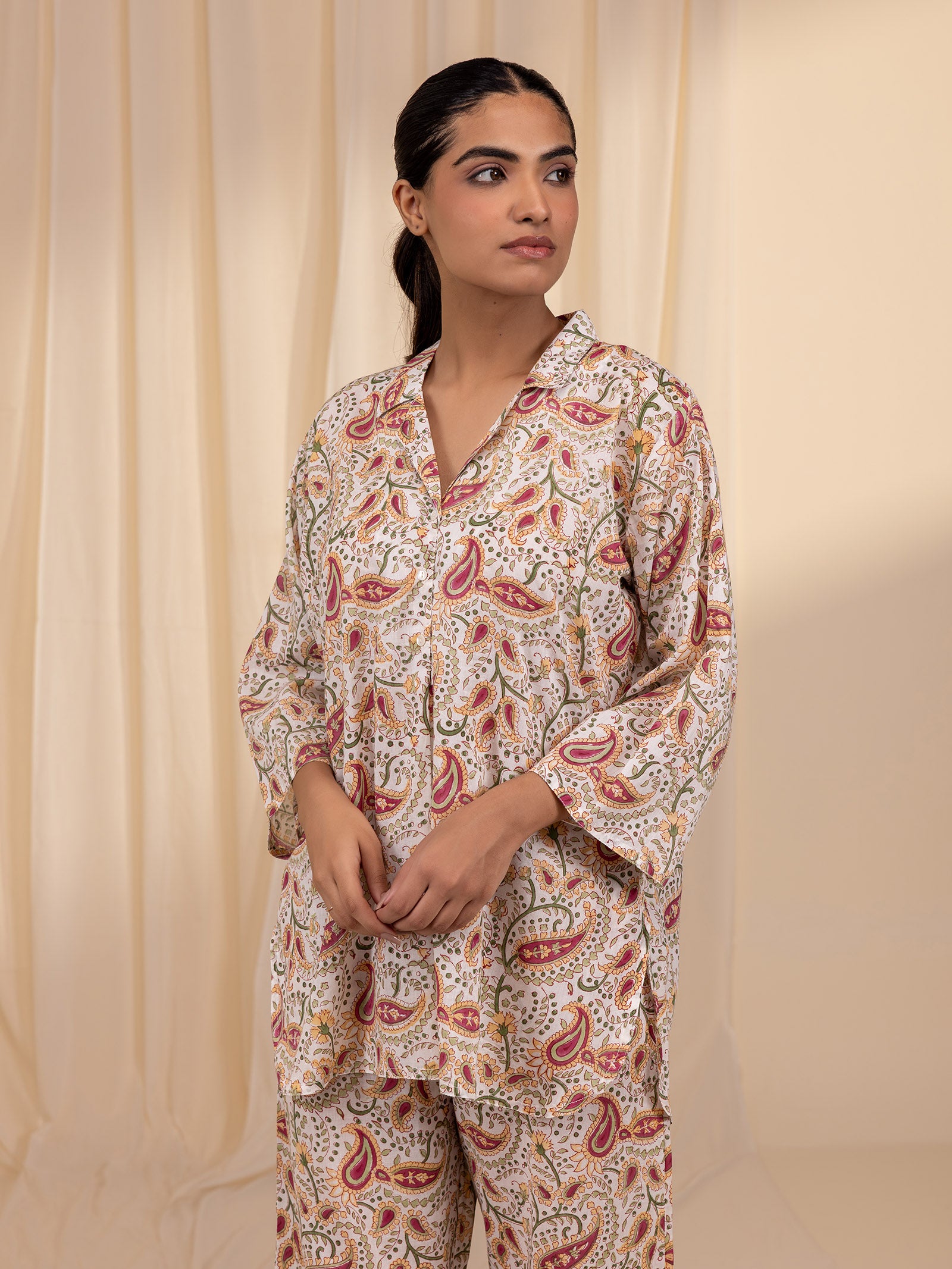 Paisley Collared Cotton Night Suit
