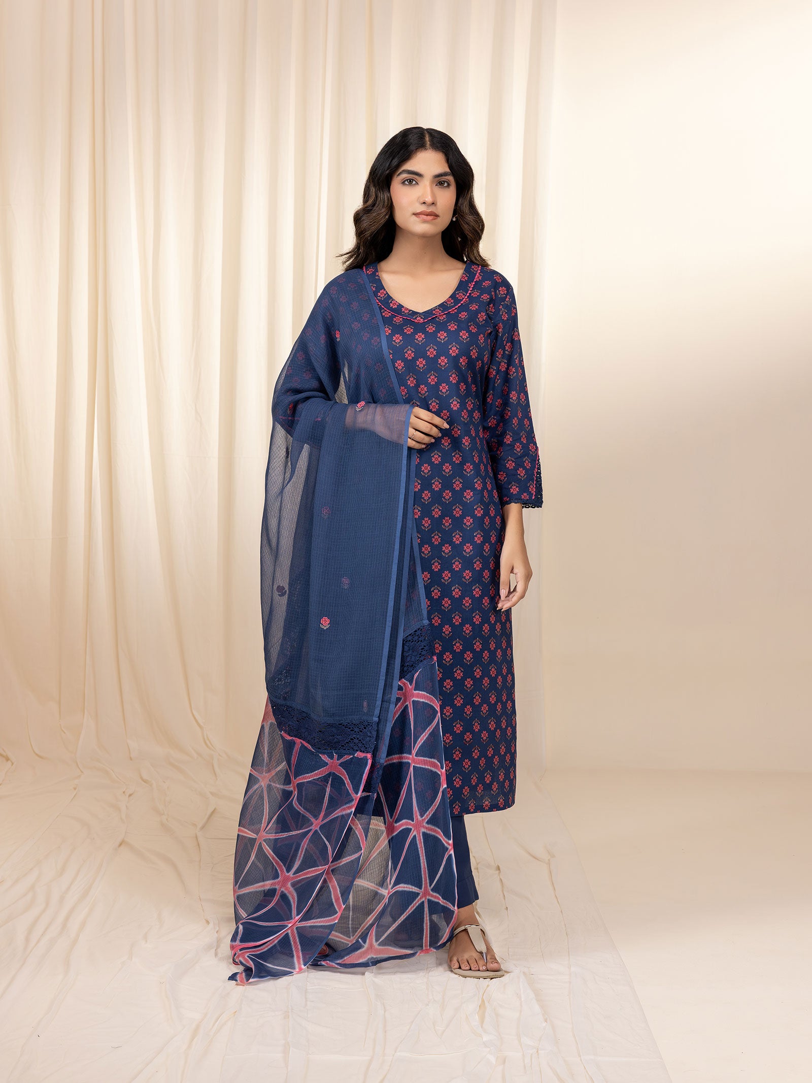 Pink Navy Cotton Kurta