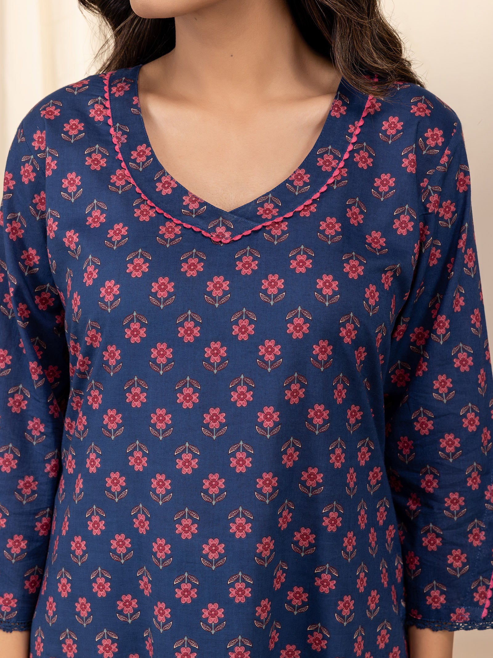 Pink Navy Cotton Kurta