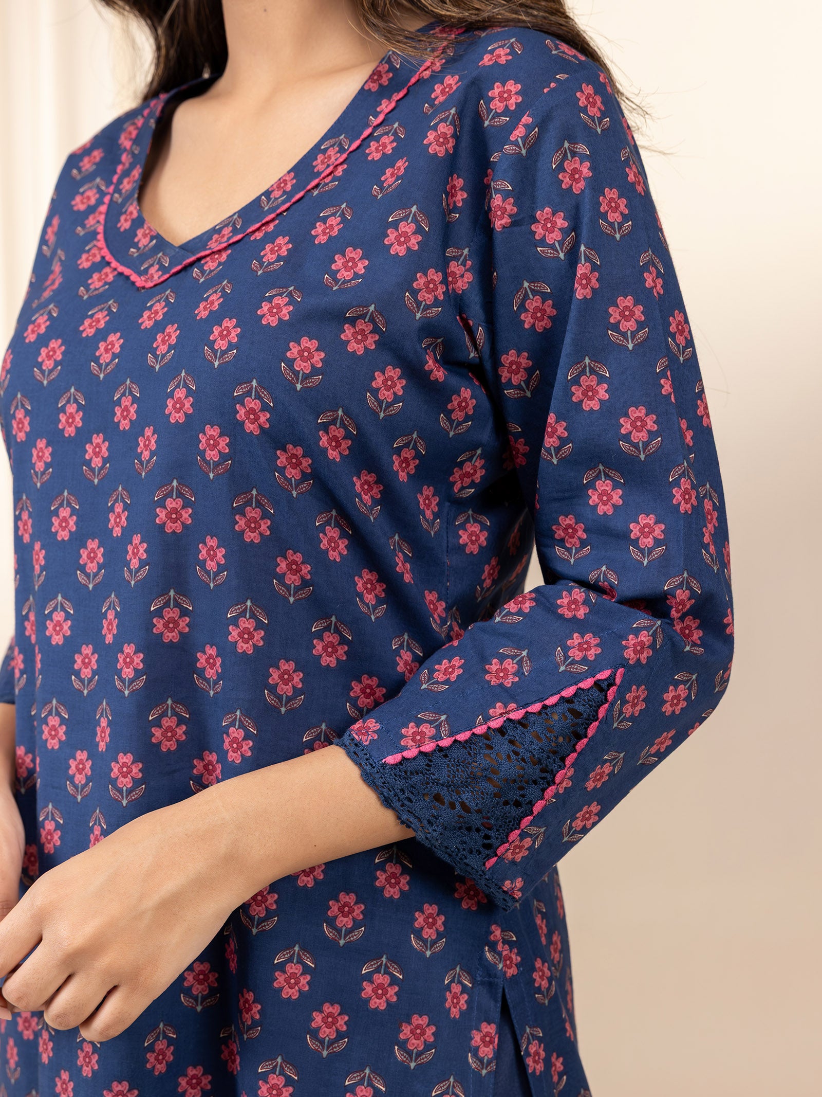 Pink Navy Cotton Kurta