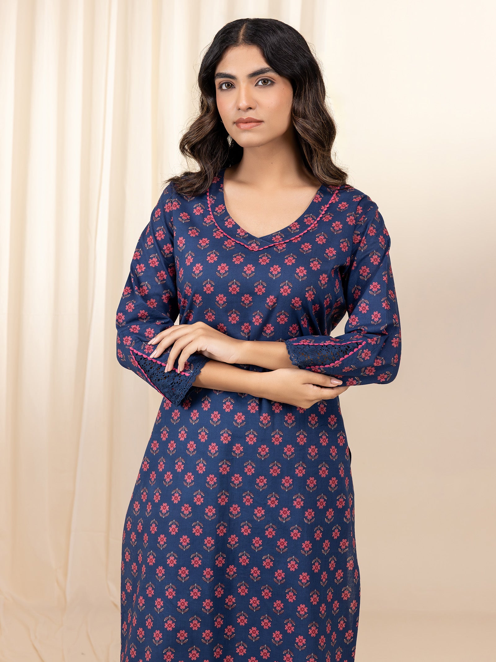 Pink Navy Cotton Kurta