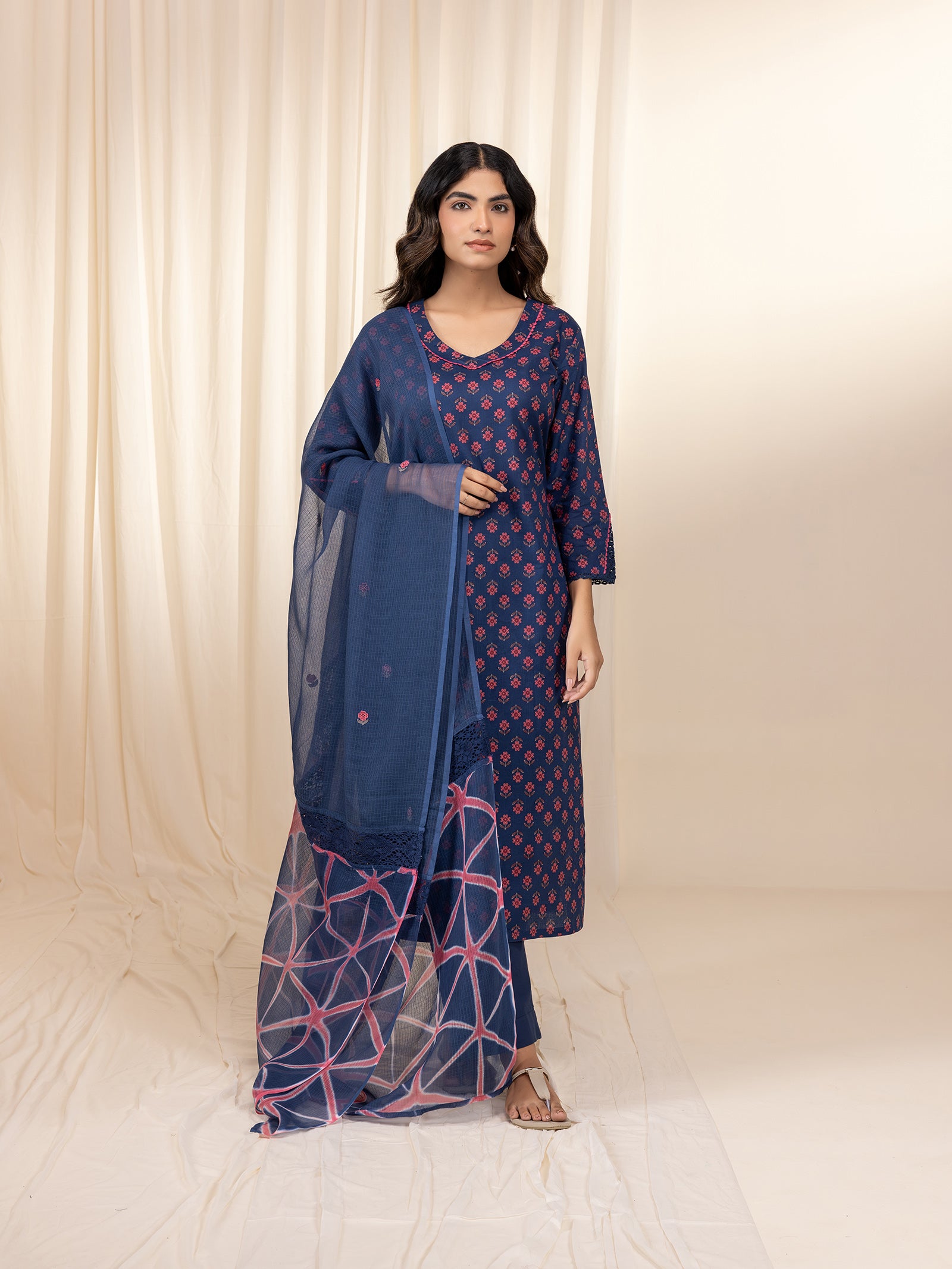 Pink Navy Kota Dupatta