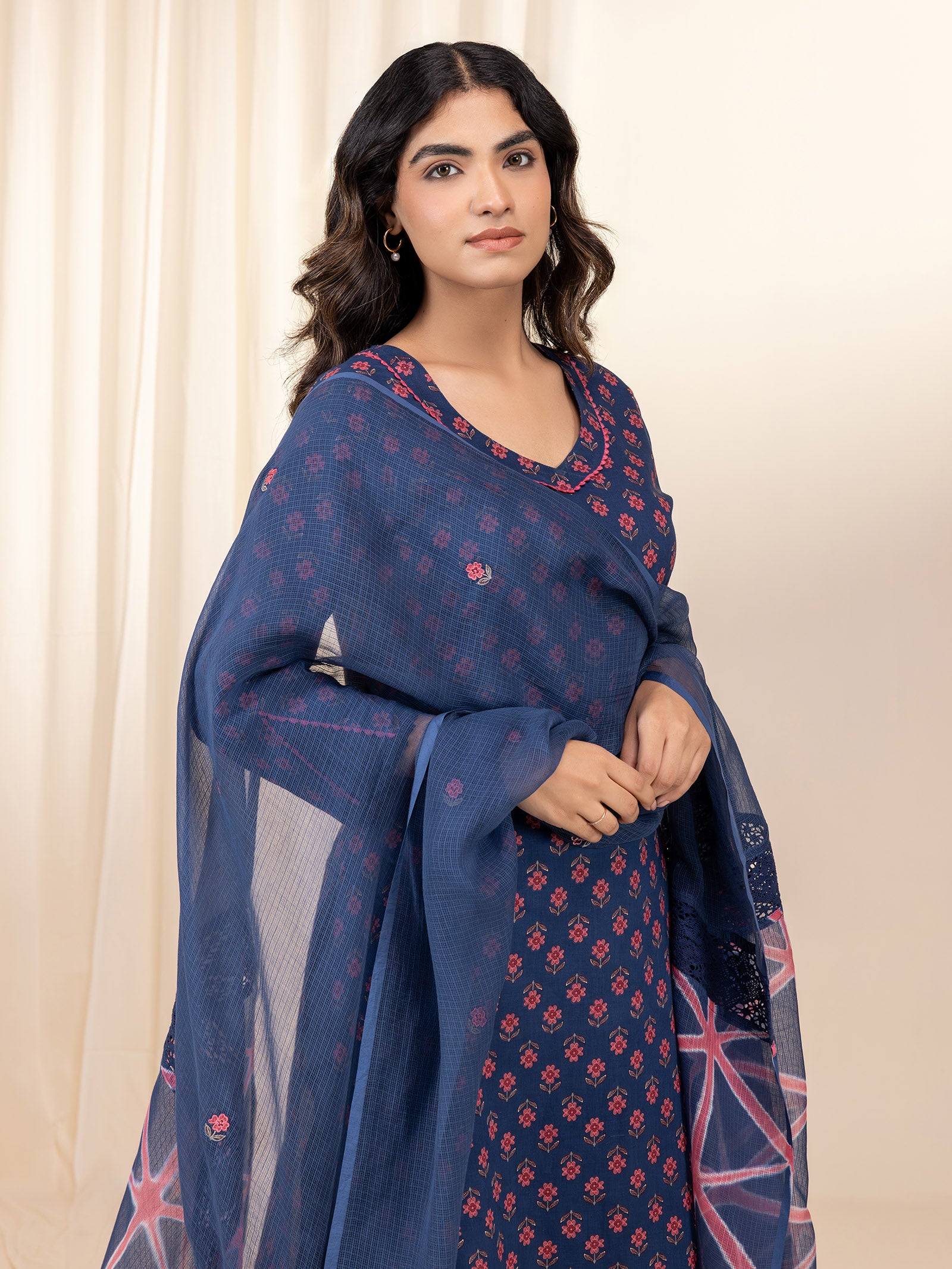 Pink Navy Kota Dupatta
